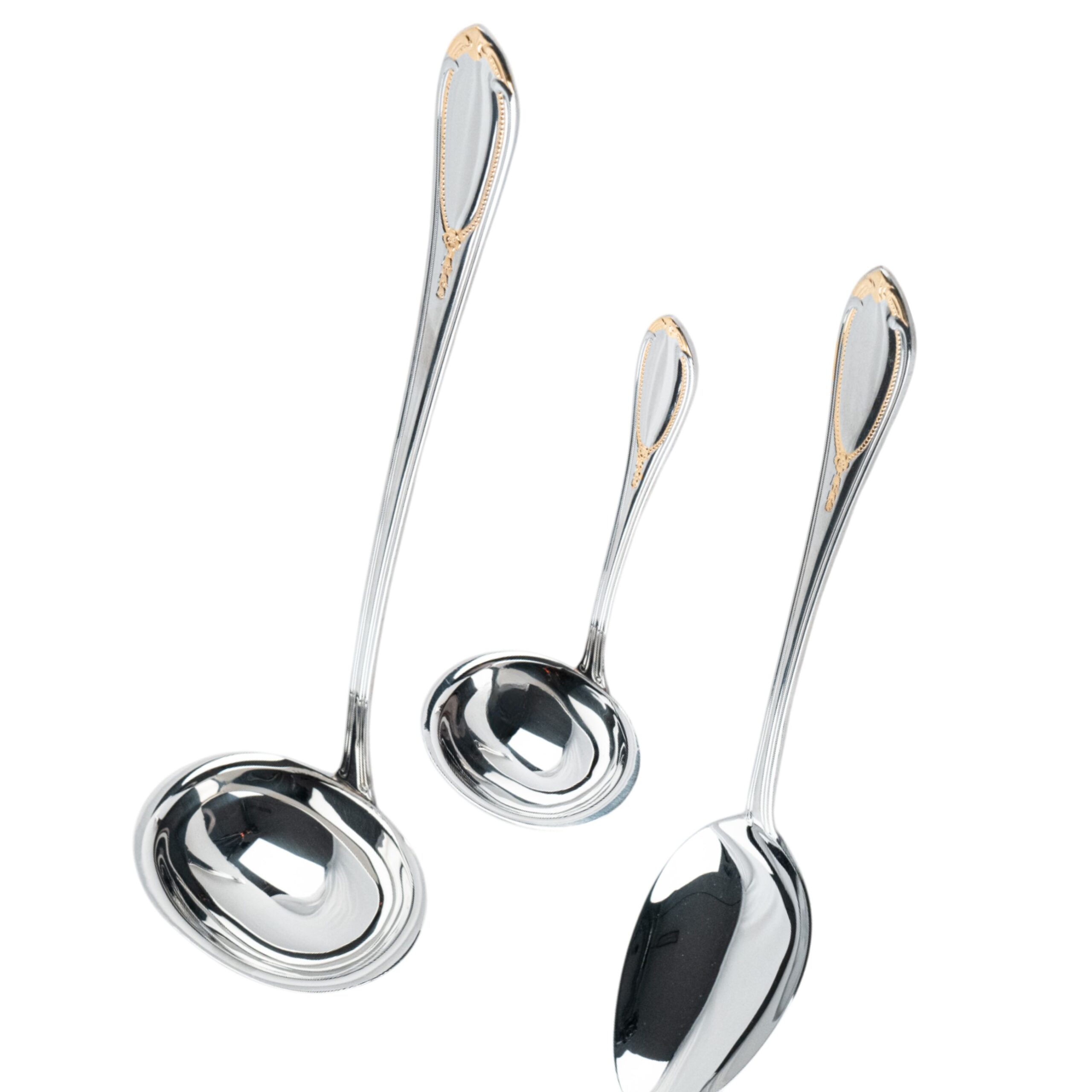 Juego de Servir Glamour  7000  (3 Piezas) Cazo Sopero, Cuchara de Servir y Cazo para Salsa, Acero Inoxidable con Detalles en Oro 23-24K, Apto para lavavajillas