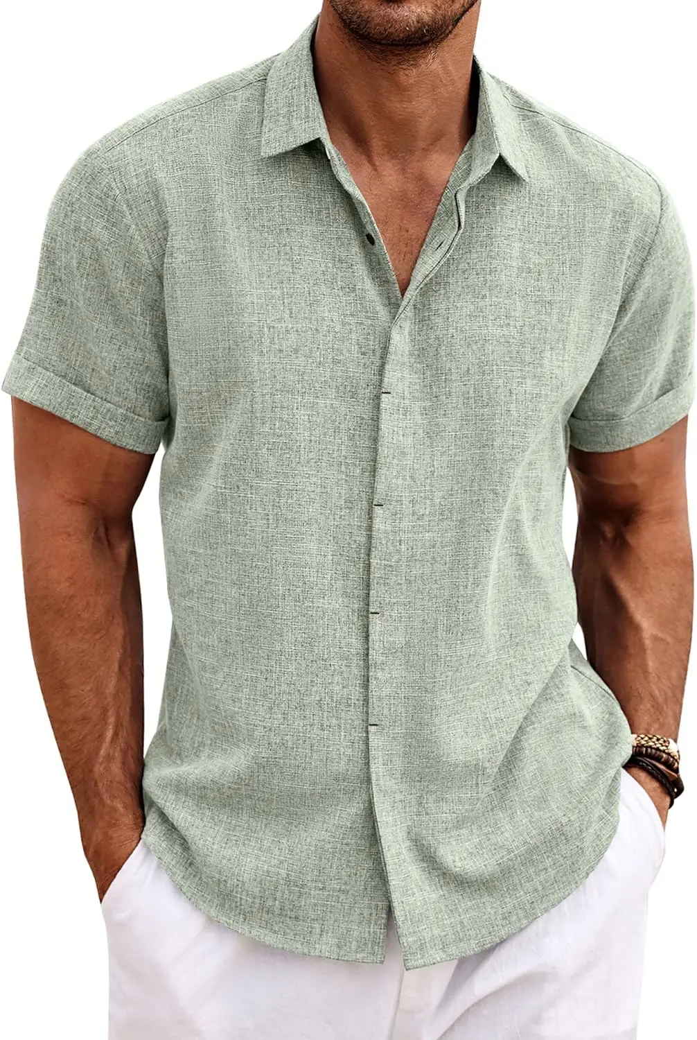 TK Camisa De Hombre Casual De Color Sólido Algodón Y Lino Cómoda De Verano Corta Para Playa Ropa Diaria Con Botones Pullover