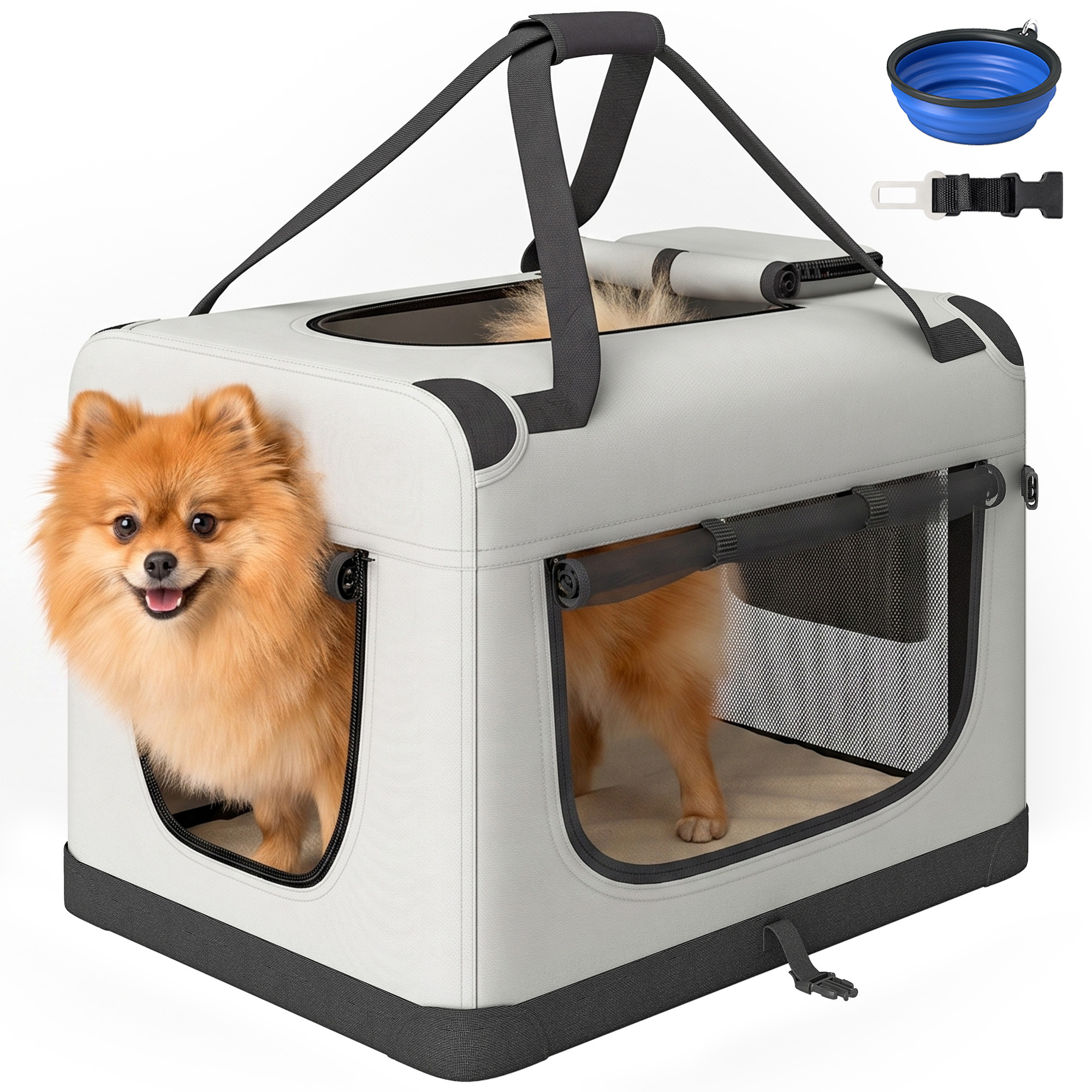 PawHut Transportín para Perros Gatos Plegable, 60x42x44 cm, Transportín para Mascotas con Correa para Coche, Cojín Lavable, Cuenco Plegable, 2 Bolsillos, para Perros Pequeños, Gris Claro
