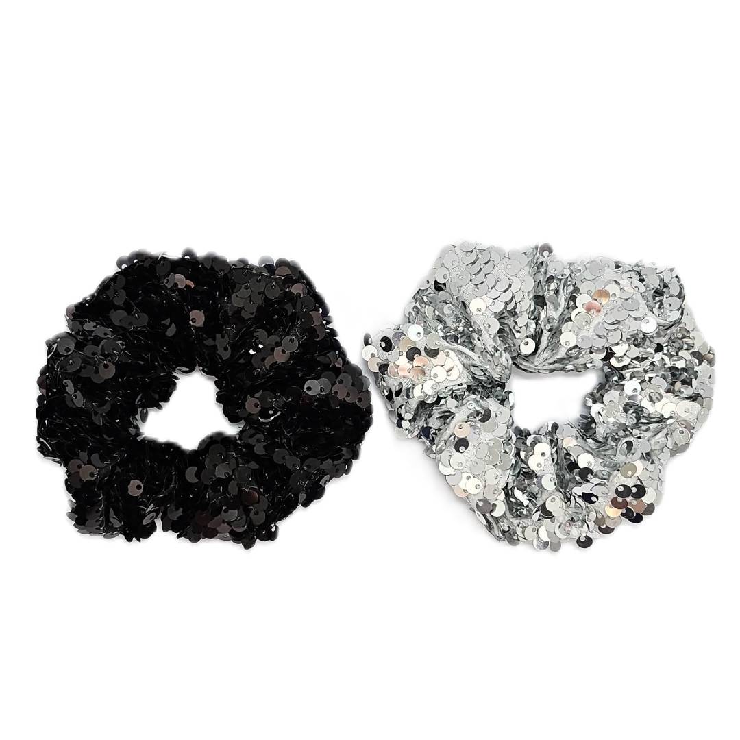 Kebedo Moda - Pack de 20 Coleteros Brillantes Scrunchie de lentejuelas Goma Coleta Negro y Plata para pelo - Fiesta hallowee