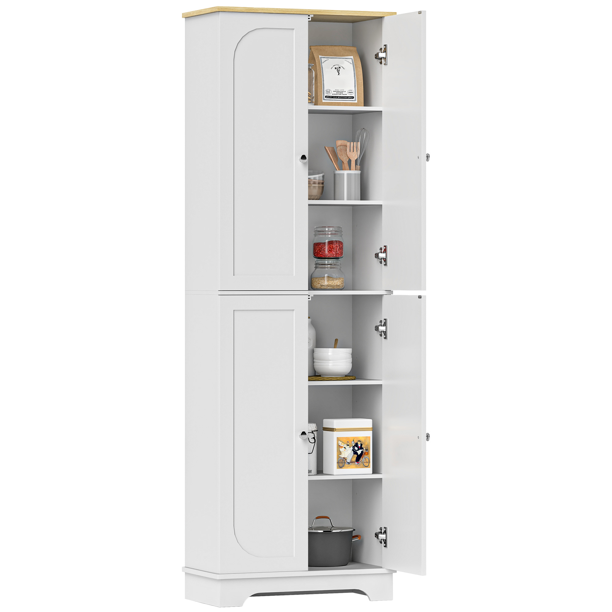 HOMCOM Alacena de Cocina Alta, Mueble Auxiliar de Cocina con 4 Puertas, Estantes Ajustables, para Comedor, Salón, Blanco, 60x30x183 cm