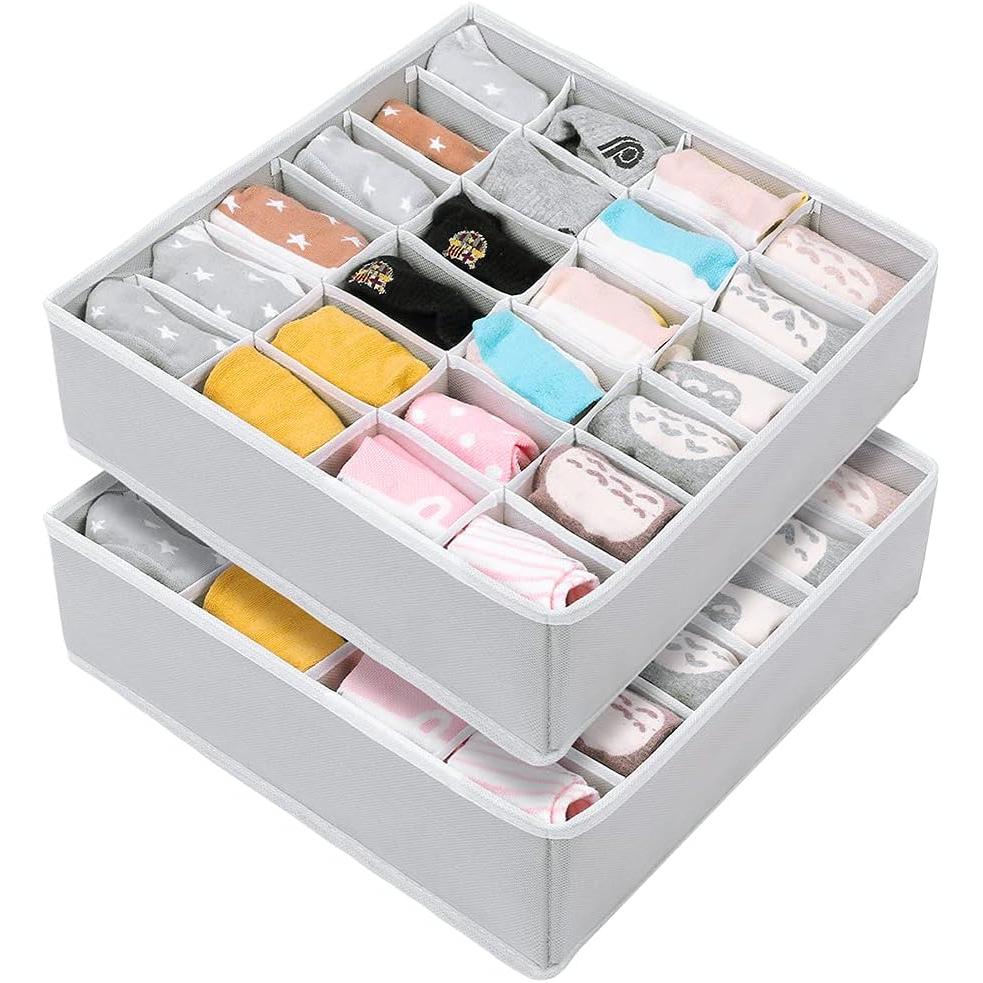 Organizador de cajones, 24 cajas de almacenamiento plegables, caja de almacenamiento para calcetines(paquete de 2, gris)