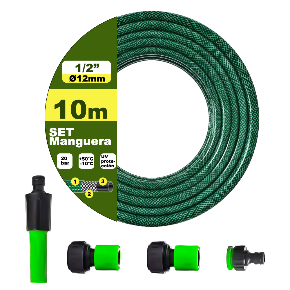 Life Basics manguera de jardín ECONÓMICA, Manguera de agua elástica y flexible de 3 capas hecha de tela cruzada de poliéster, Resistente UV, presión de rotura de 20 bar, Incluye Conectores 1/2" y 3/4