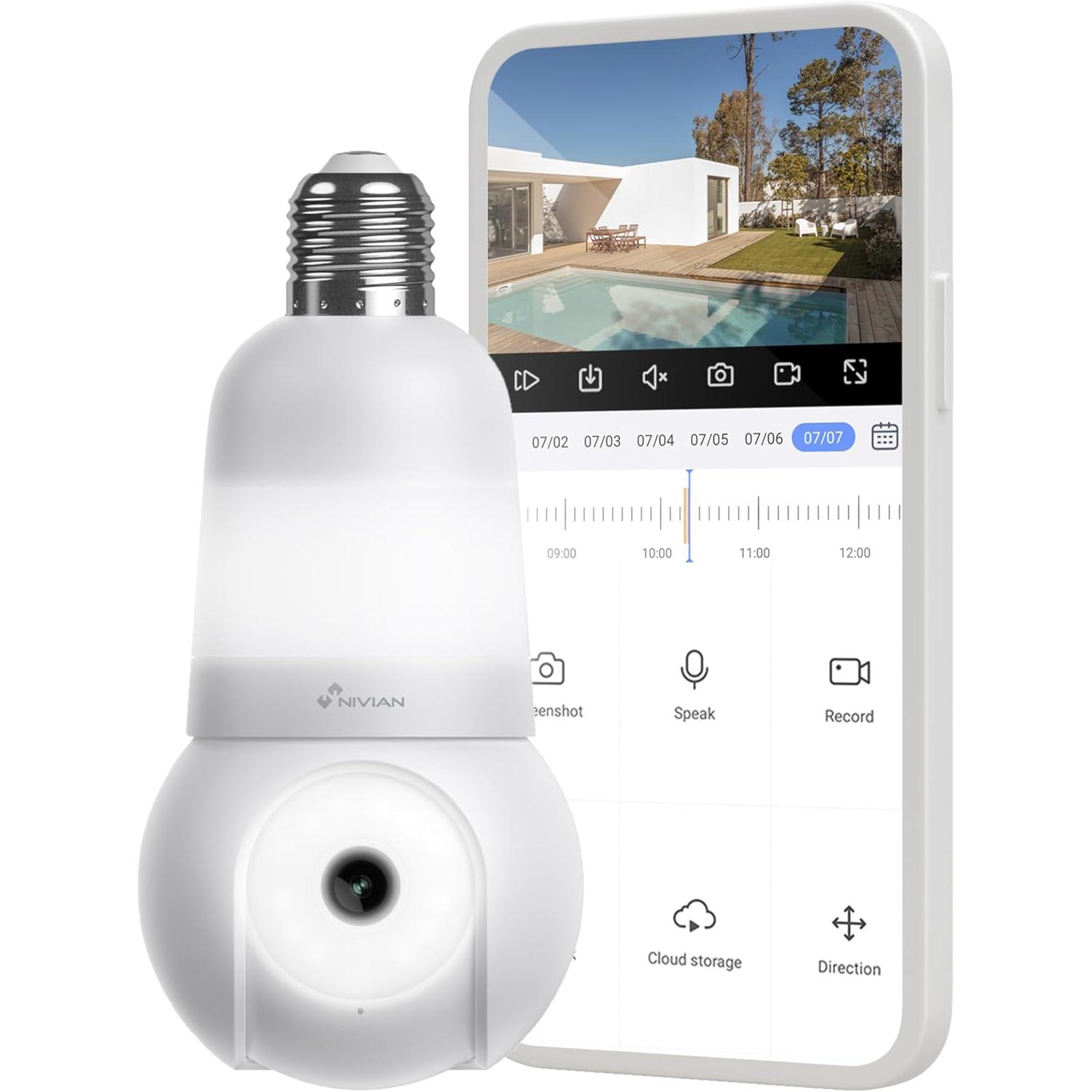NIVIAN Cámara de vigilancia WiFi Tipo Bombilla E27 2K- Movimiento 360º con Audio, luz, Reconocimiento y Seguimiento de Humanos-Visión Nocturna, Compatible con Alexa, Google Home, Tuya App