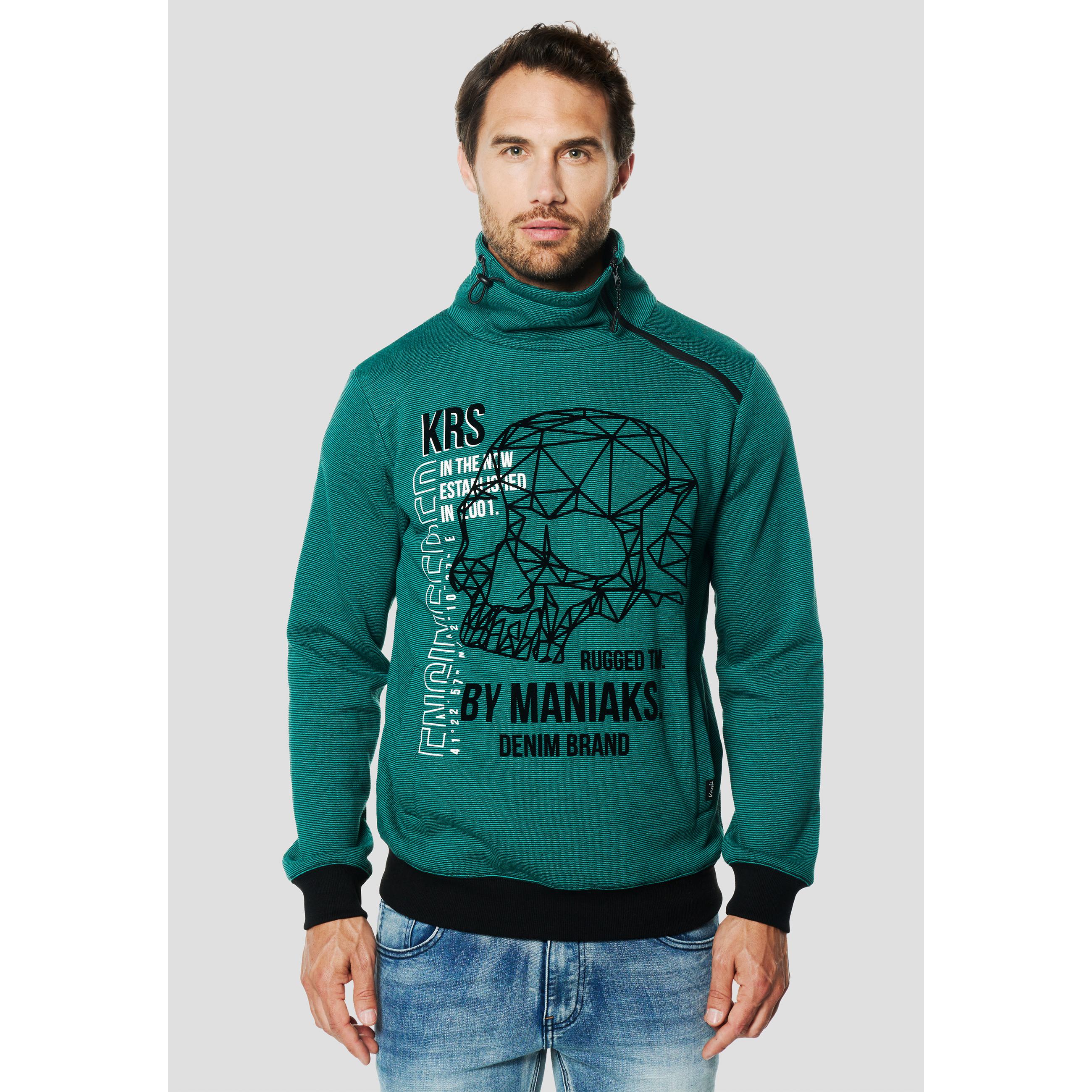 Koroshi - Sudadera hombre cuello alto con media cremallera de algodón y poliéster 60/40, estampado calavera geométrica frontal, color menta