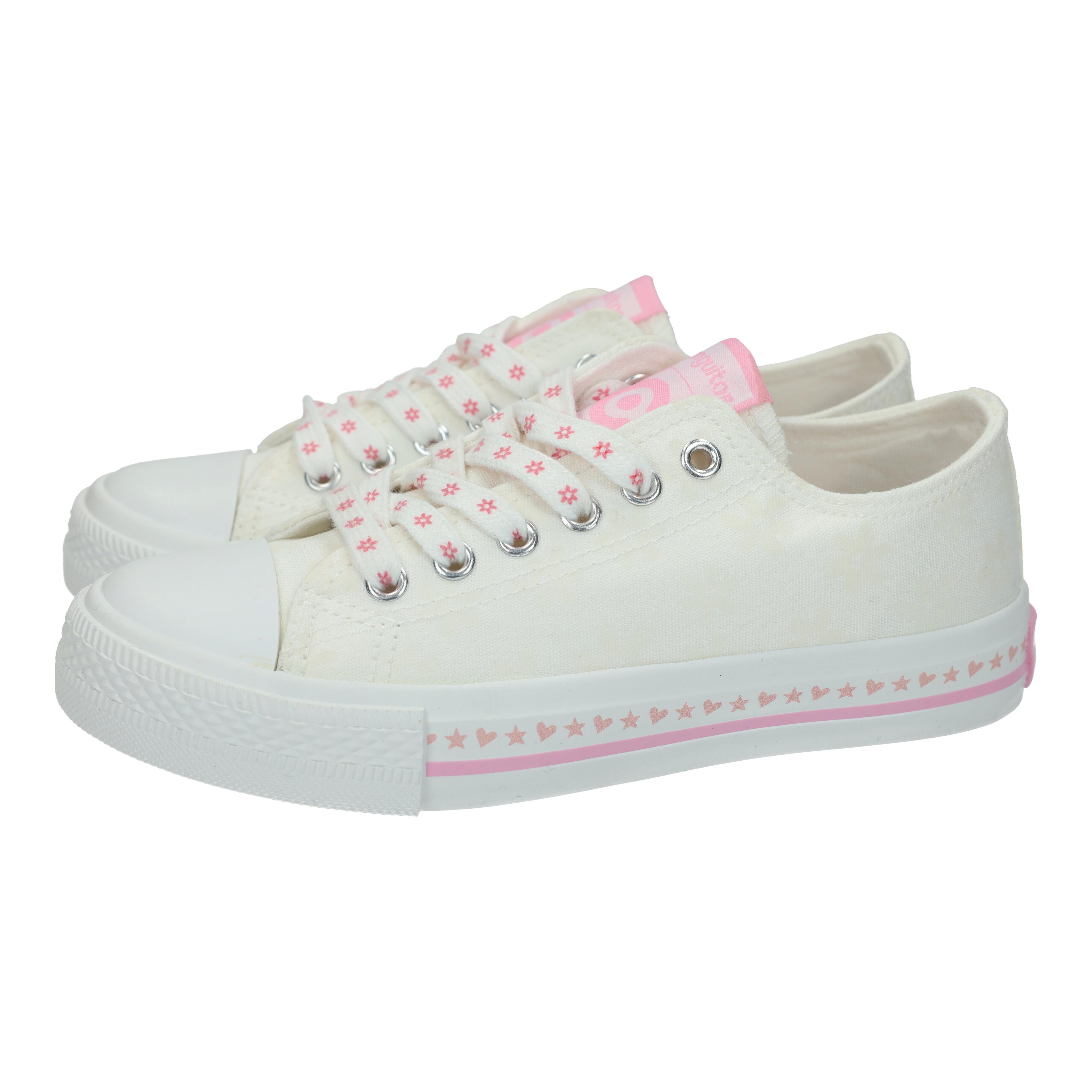 Zapatillas marca CONGUITOS para niña en color blanco. Zapatillas lonas que cambian de color con el sol. Si no hay luz, tienen el color de la foto, con sol aparecen las flores rosas