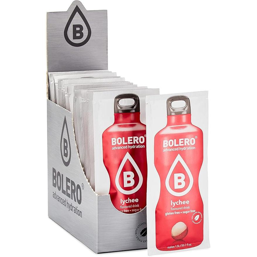 Bolero Bebida Instantánea Sin Azúcar, Sabor Lichi, Pack de 24x9g. Un refresco en polvo bajo en calorías y carbohidratos, con Stevia y Vitamina C.