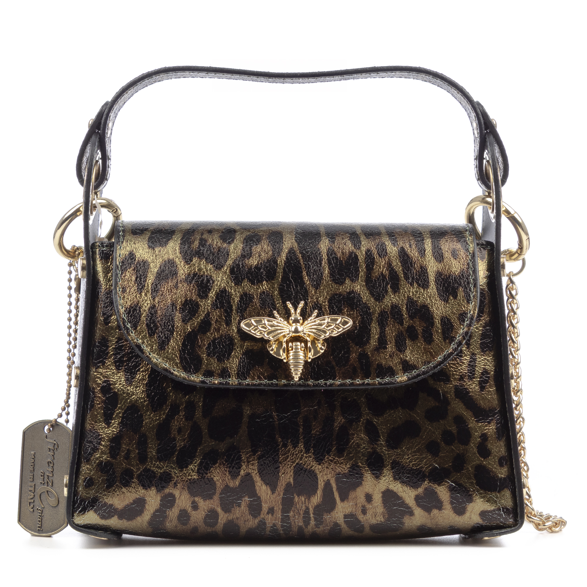 FIRENZE ARTEGIANI Aquileia bolso de mano mujer. Piel auténtica Gamuza con estampado animal print leopardo lacada brillante. 19x7x13 Cm. Color: Leopardo