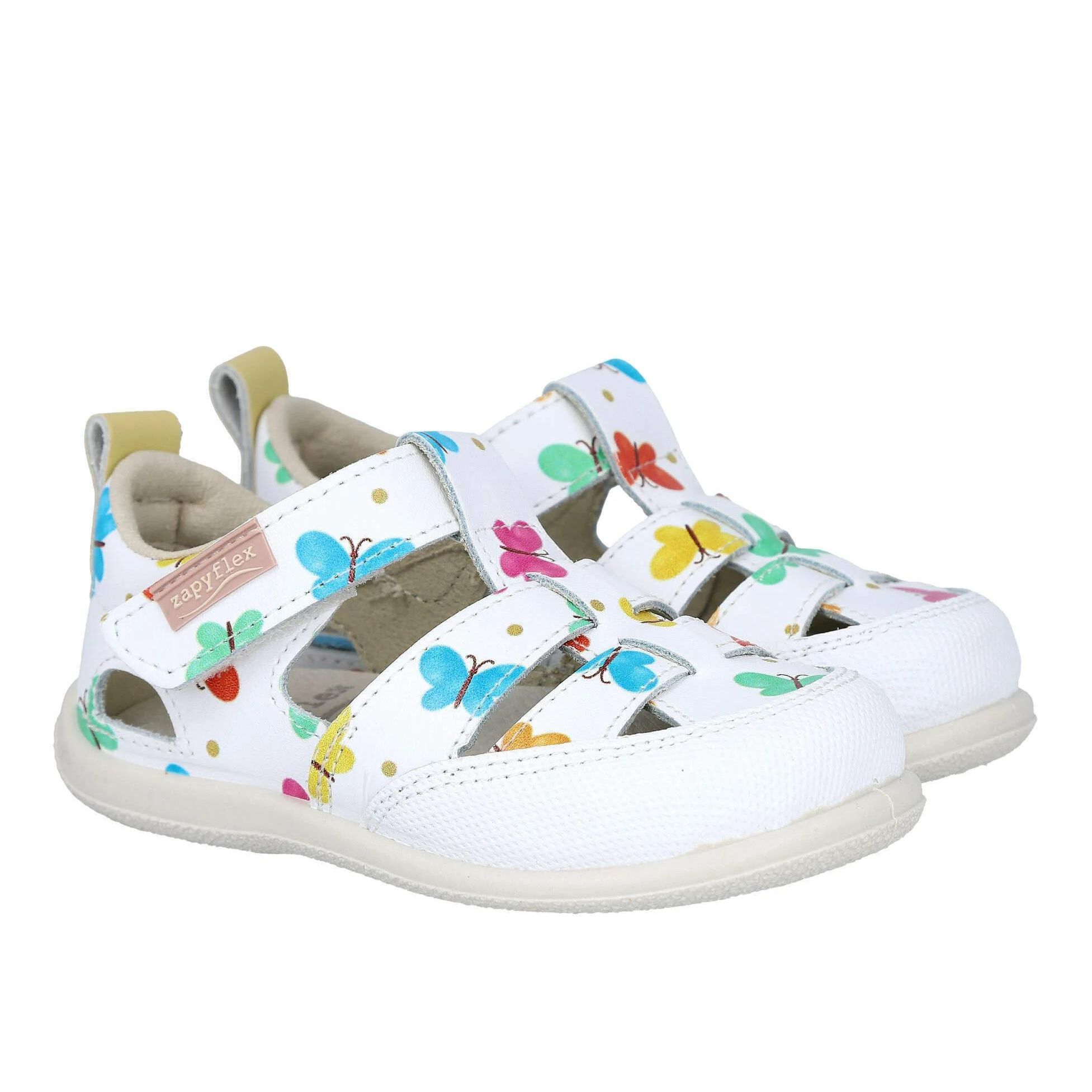 Sandalias tipo cangrejera Zapy blanco mariposas. Piel, suela antideslizante, cierre de velcro y planta extraíble de cuero - Comodidad y estilo todo en uno
