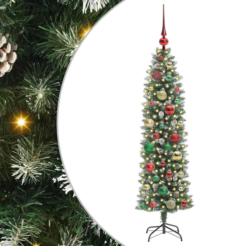 vidaXL Árbol Navideño Artificial Delgado Verde y blanco 120 cm con LED y bolas