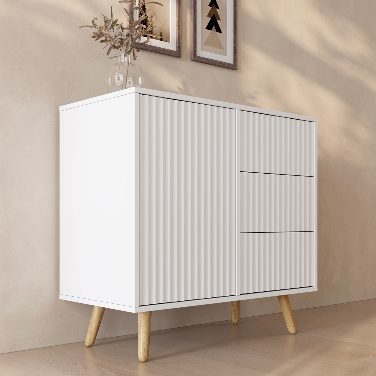 MB Muebles Bonitos | Aparador Renzo M acabado Roble Alba con 3 cajones y puerta push-click para salón comedor, recibidor, cocina