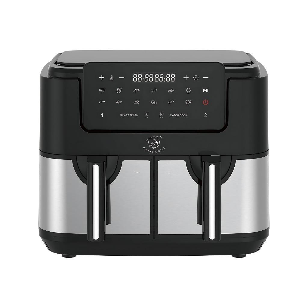 Royal Swiss Airfryer XXL Doble - Freidora de Aire Doble Cesta - Más de 8 Presets - Fácil Limpieza - Rápida Cocción - Prepara todo tipo de Alimentos