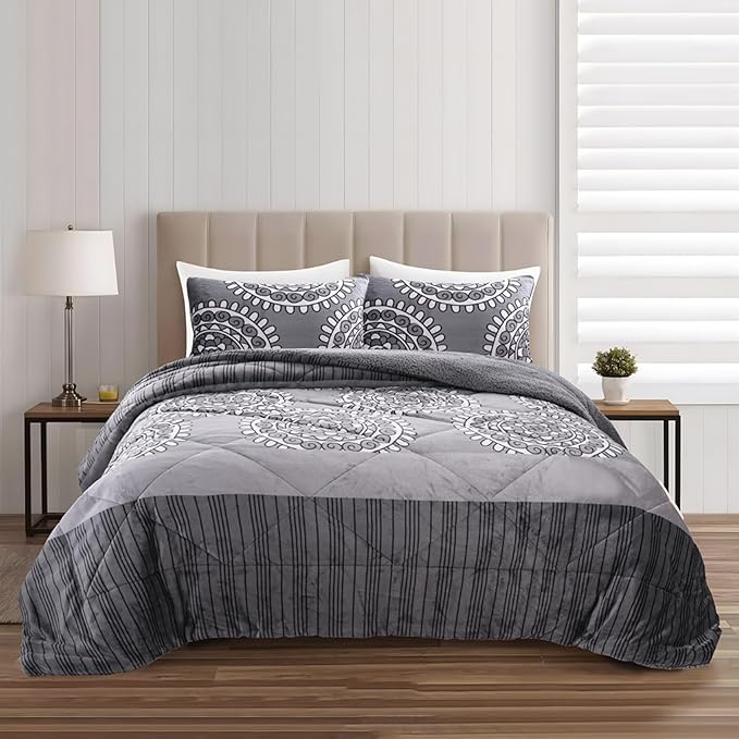 OsoNube - Edredón Borrego Estampado 180 x 260 cm Con Funda de Cojín,240 x 260 cm Con 2 Fundas de Cojín - Nórdico Invierno Cálido y Suave, Relleno de Micro Fibra Poliéster, Reversible Franle y Sherpa