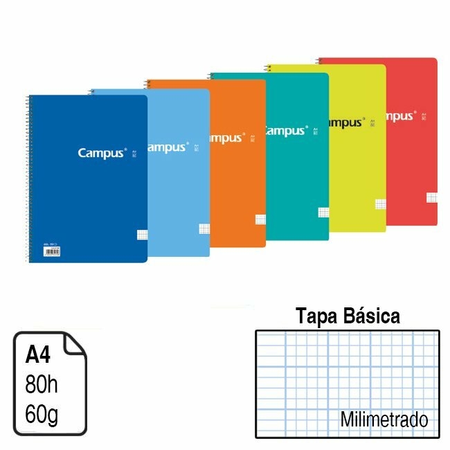 CUADERNO CAMPUS ORIGINAL BLOC ESPIRAL CAMPUS A4 TAPA BÁSICA CARTON 80 H 60G PACK DE 6UNIDADES CUADRÍCULA 3 MM 4MM HORIZONTAL LINEAS DOBLE RAYAS 2.5MM O 3.5MM ,LISO,MILMETRADO TODO LOS MODELOS A ELEGIR MIRARSE BIEN ANTES DE HACER PEDIDO GRACIAS