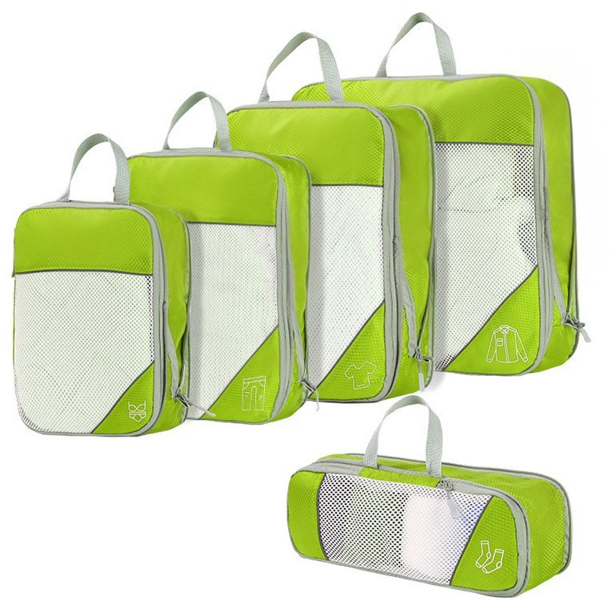 Set van 5 compressiezakken voor op reis, uitbreidbaar, scheurvast en waterdicht, geschikt voor het opbergen van kleding op reis en thuis, groen.