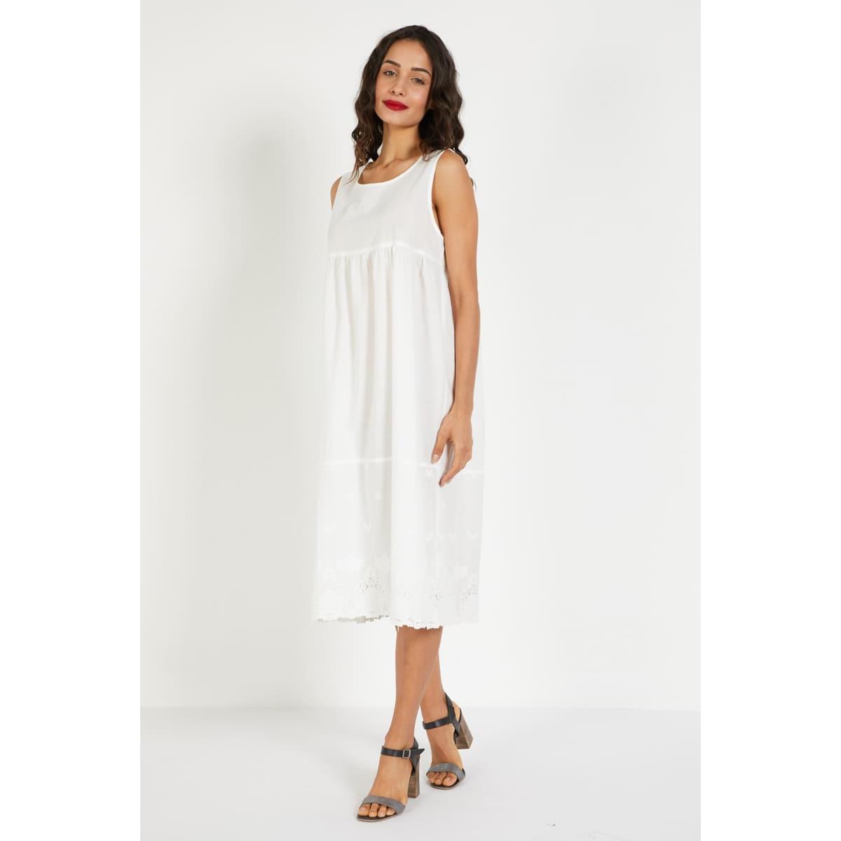 Vestido largo mujer, dress sin mangas, cuello redondo, bordado fantasía bajo, cierre lágrima trasero, estilo fresco, elegante, para verano, blanco, tallas L XL, cómodo, versátil, ideal día o noche ✅Entrega 24/48h