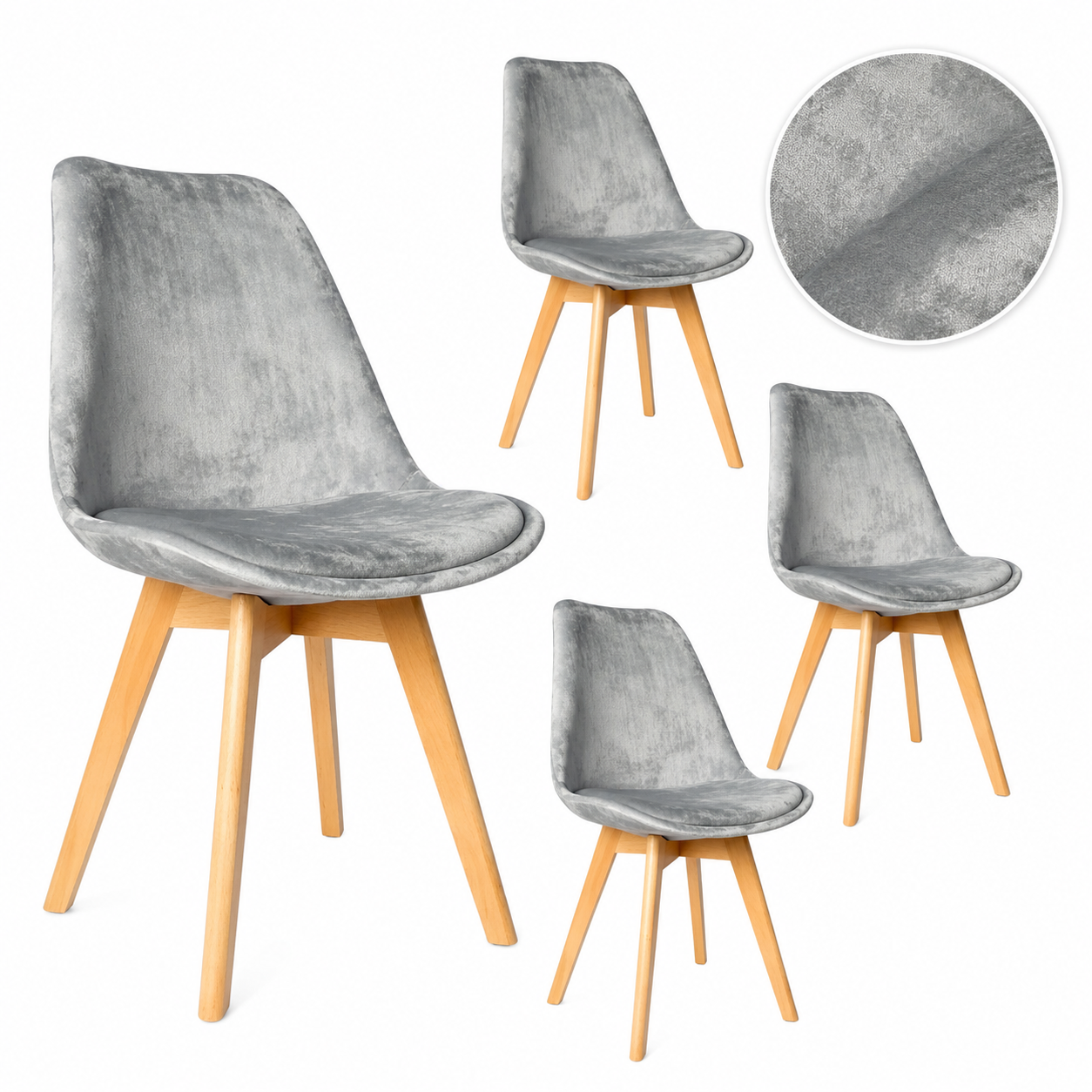MInimal DECO - Pack de 4 Sillas de Comedor en Terciopelo Acolchado, Diseño Nórdico Moderno con Patas de Madera Maciza de Haya, Asiento Ergonómico Suave, Sillas Elegantes para Cocina, Salón o Comedor, 55 x 45 x 82 cm