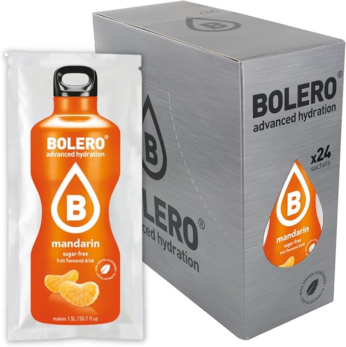 Bolero Bebida Instantánea Sin Azúcar, Sabor Mandarina, Pack de 24x9g. Un refresco en polvo bajo en calorías y carbohidratos, con Stevia y Vitamina C.