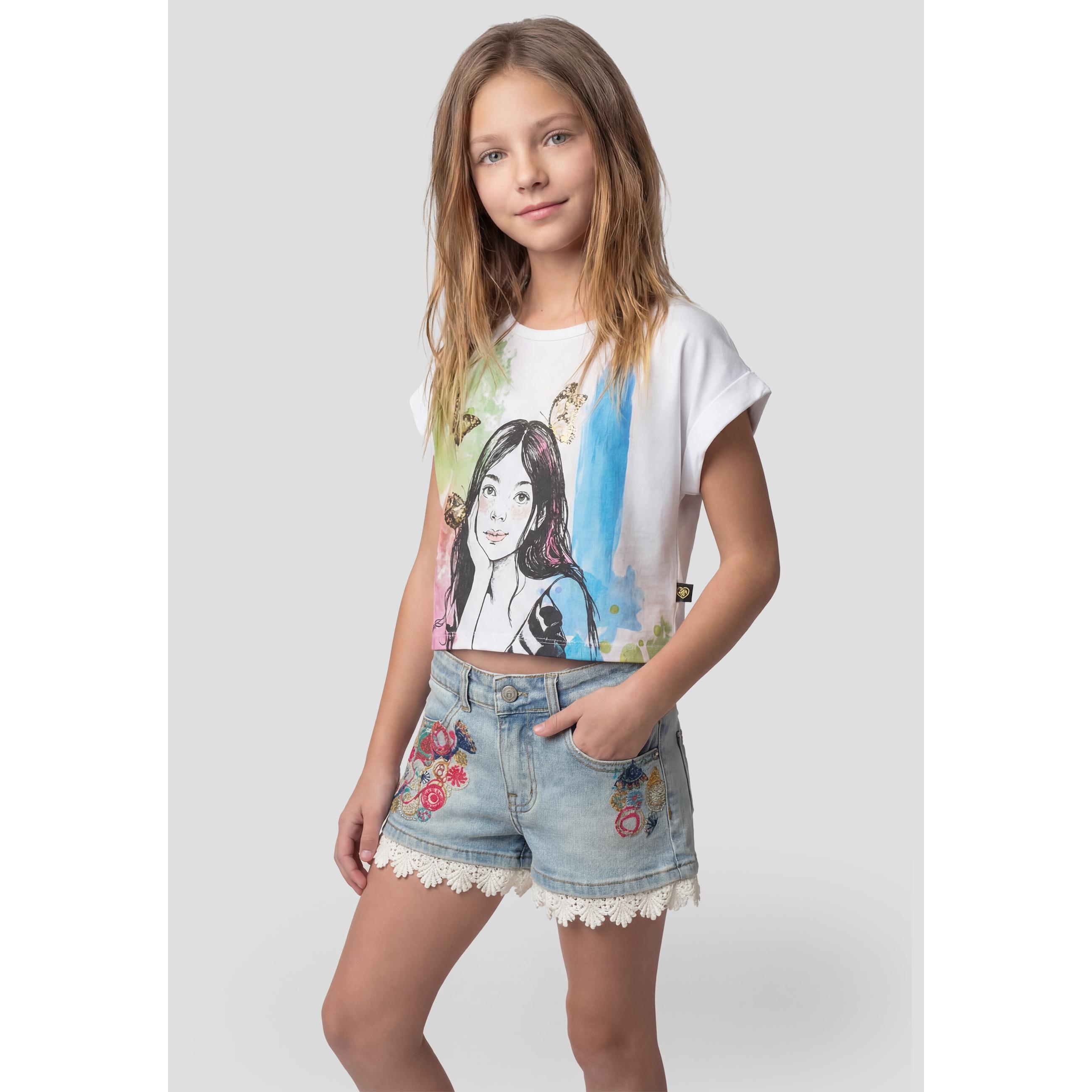 Koroshi - Top de manga corta estampado para niña, 100% algodón suave y transpirable, color blanco ideal para verano y uso diario