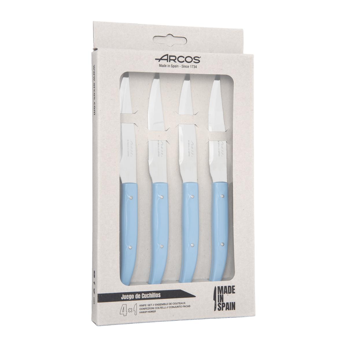 Arcos Serie Cuchillos de Mesa - Juego de Cuchillos Chuleteros 4 piezas - Hoja de Acero Inoxidable NITRUM de 110 mm - Filo Liso - Mango de Polipropileno - Color Azul