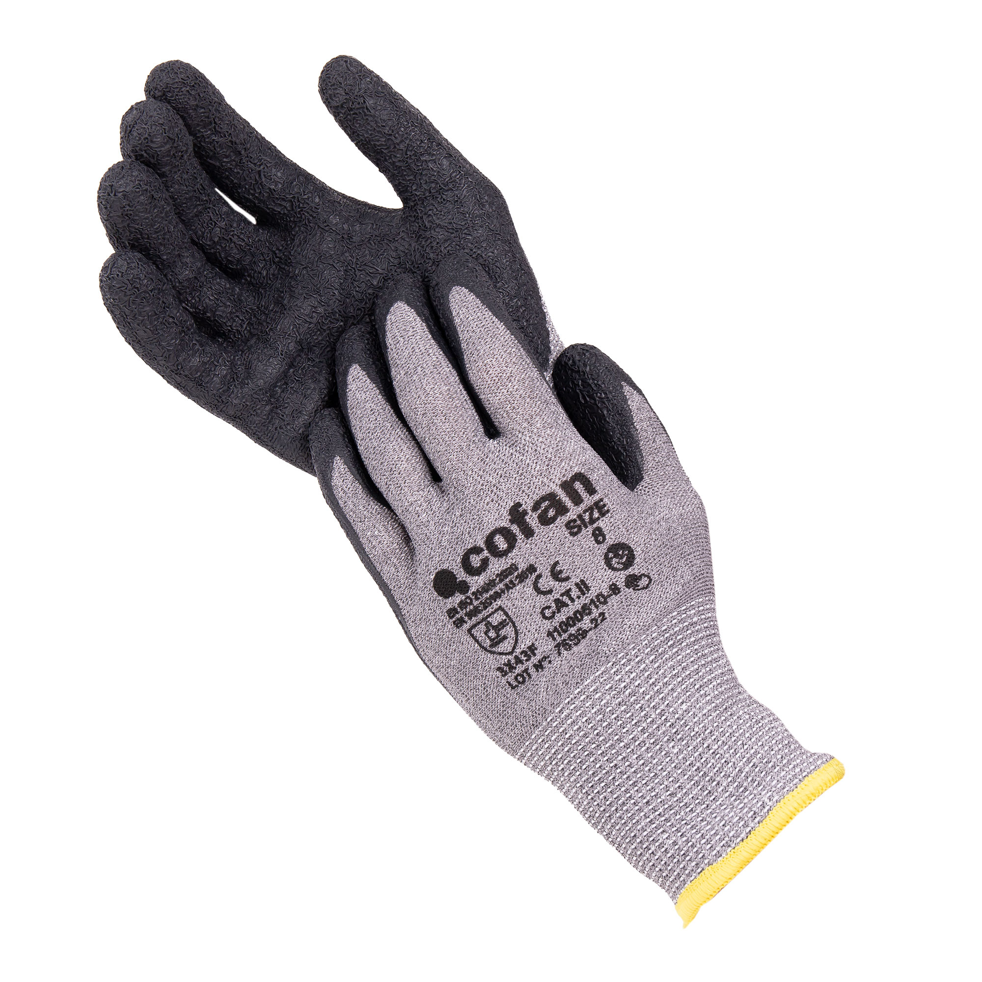 Cofan Guantes Anticorte HPPE con Látex Rugoso, Pack 12 Pares, Galga 13, Talla 6 hasta la 10, De Conformidad con EN 388:2016