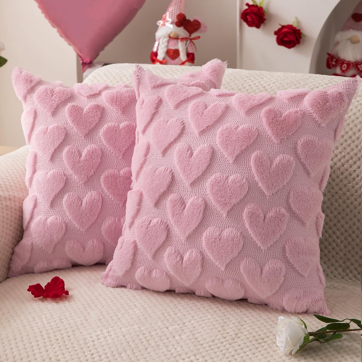 Fundas de almohada - 1 par - Fundas de almohada para el Día de San Valentín - 45 x 45 cm - Decoración para el Día de San Valentín - Corazones rosas - Peluche suave - Ideal para dormitorio y sofá - Decoración navideña para el hogar - 45 x 45 cm - Rosa