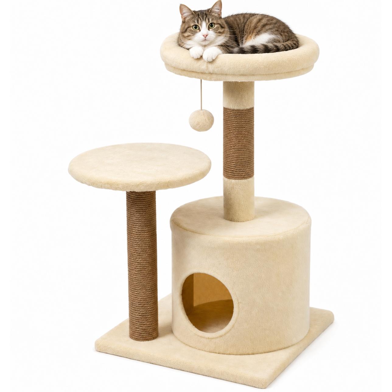 Primerazoo, Árbol Rascador Compacto para Gatos con Cueva, Plataforma y Cama Superior, Centro de Juego y Descanso con Postes de Sisal y Pelota Colgante