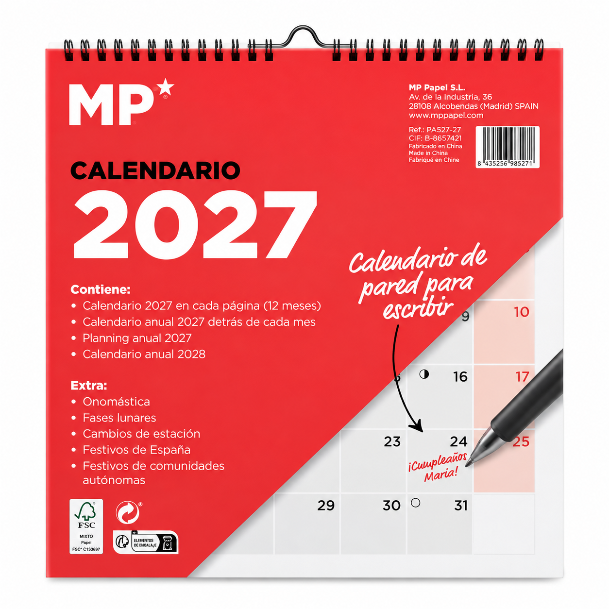 MP - Calendario de pared 2027 cuadrado 30x30 cm para escribir, con planificación anual 2027, calendario 2028 y festivos de España e comunidades autónomas