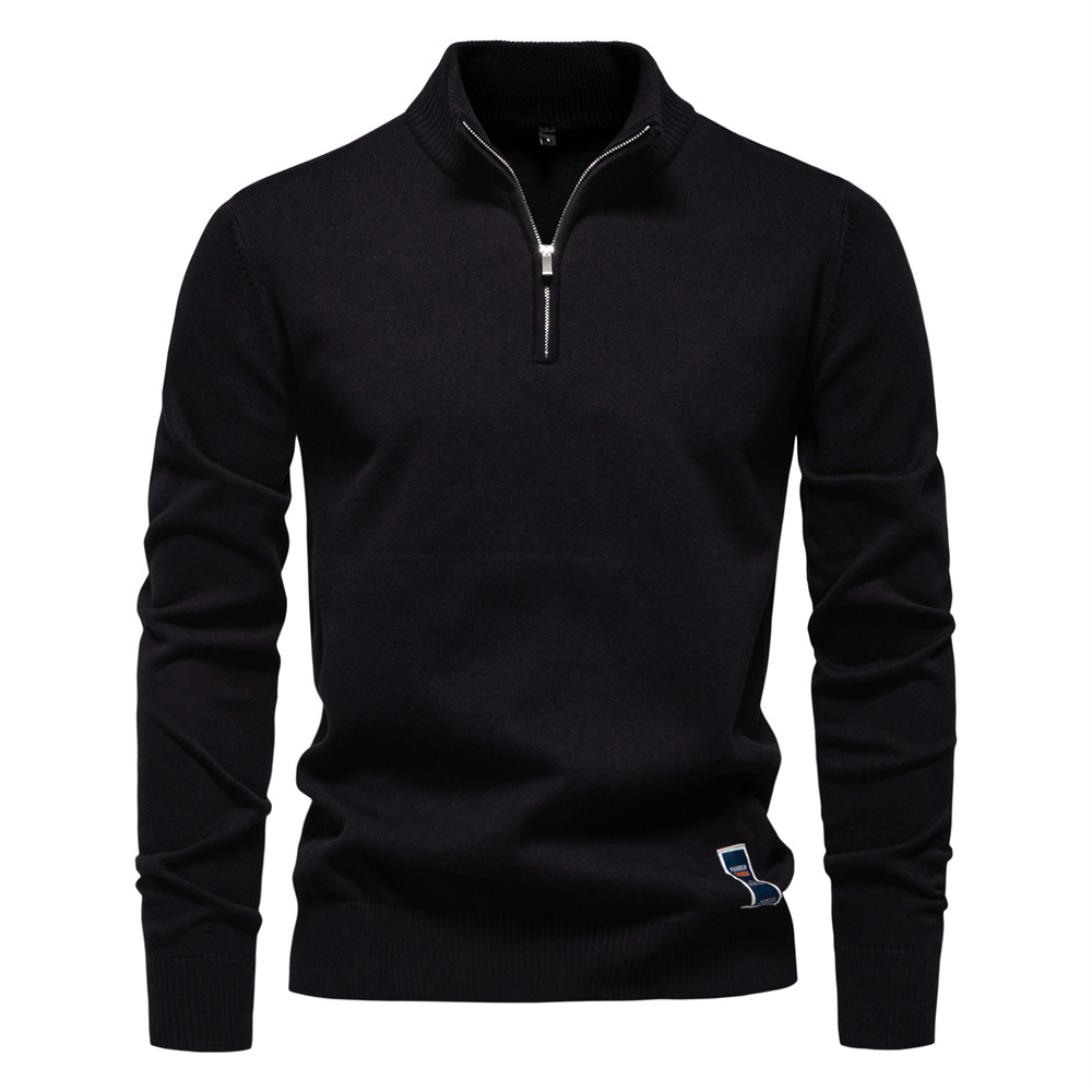 TK Suéter de punto de algodón puro de color liso para hombre, cuello alto, media cremallera, corte ajustado.