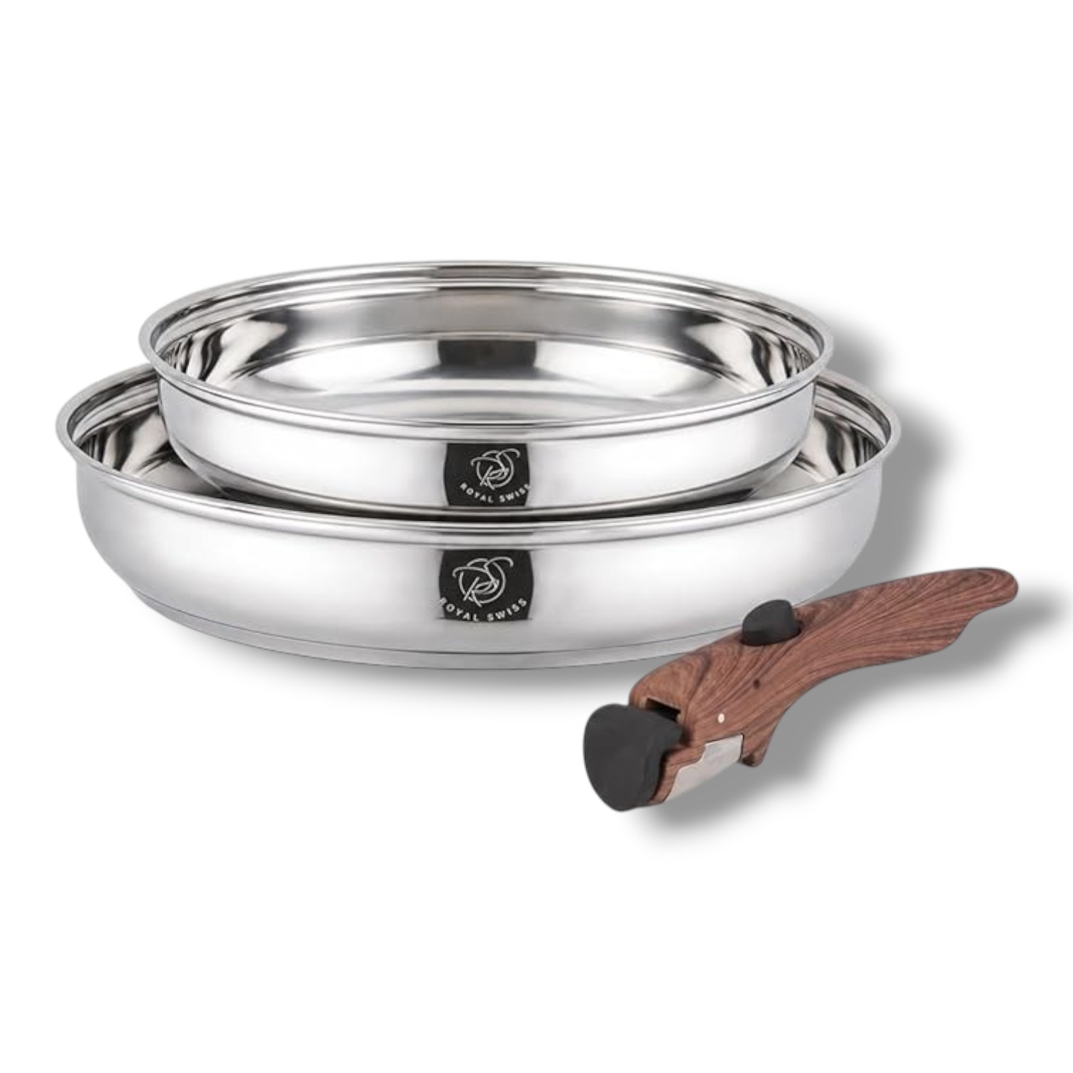Juego de 2 sartenes ROYAL SWISS® de acero inoxidable de alta calidad (24 y 28 cm) con mango extraíble - Aptas para inducción y todo tipo de cocinas - Sistema de apilamiento que ahorra espacio