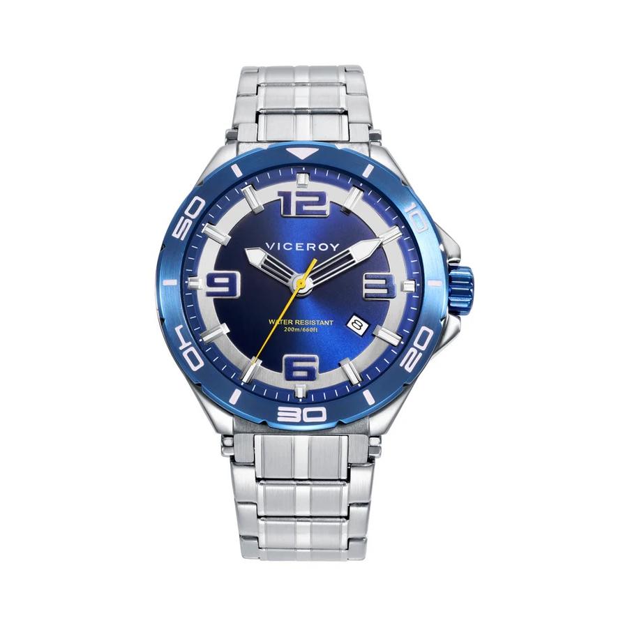 Viceroy Reloj caja de acero con bisel azul 20 atm y brazalete de acero con movimiento cuarzo