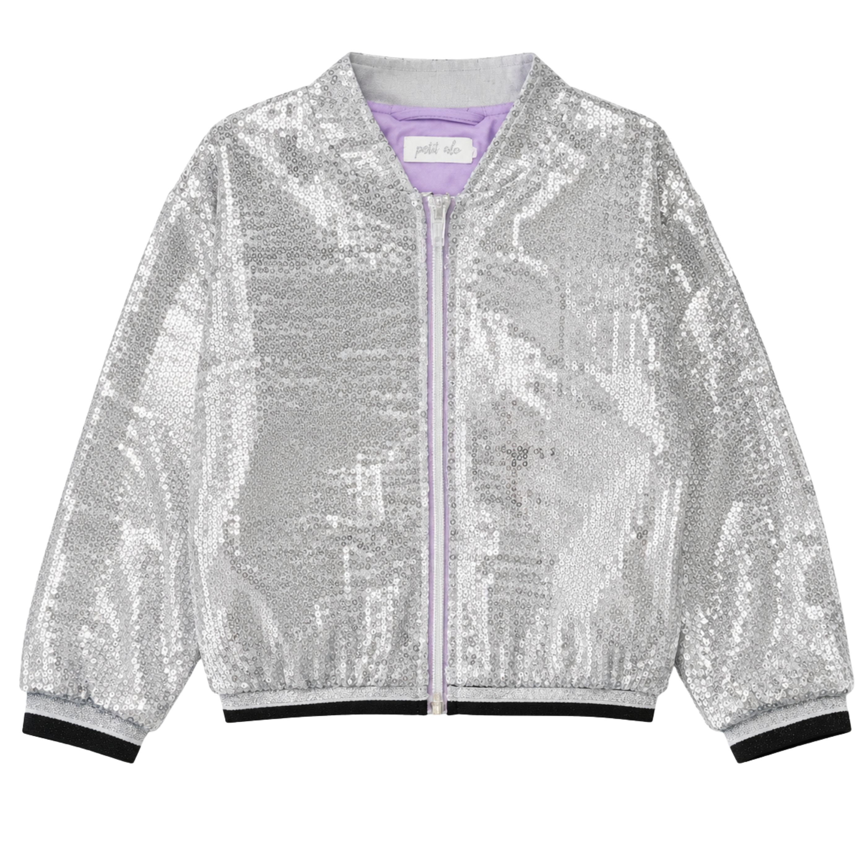 Chaqueta Tipo Bomber de Lentejuelas Color Plata Gris Para Niña con Gomas Ajustadas en Mangas y Cadera Cazadora Elegante para Fiesta