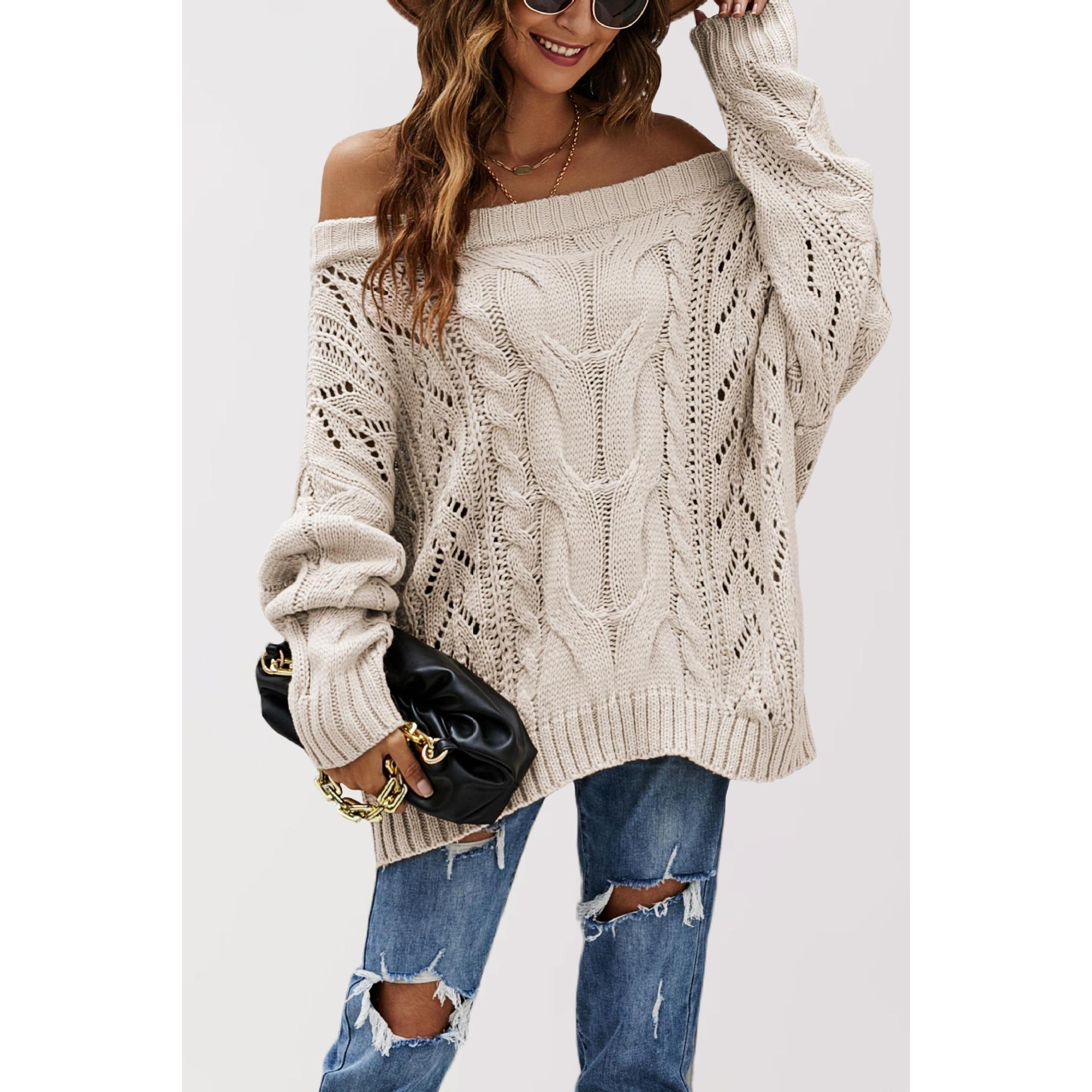 TK Suéter de punto holgado con hombros descubiertos para mujer, talla grande, color liso, para otoño e invierno