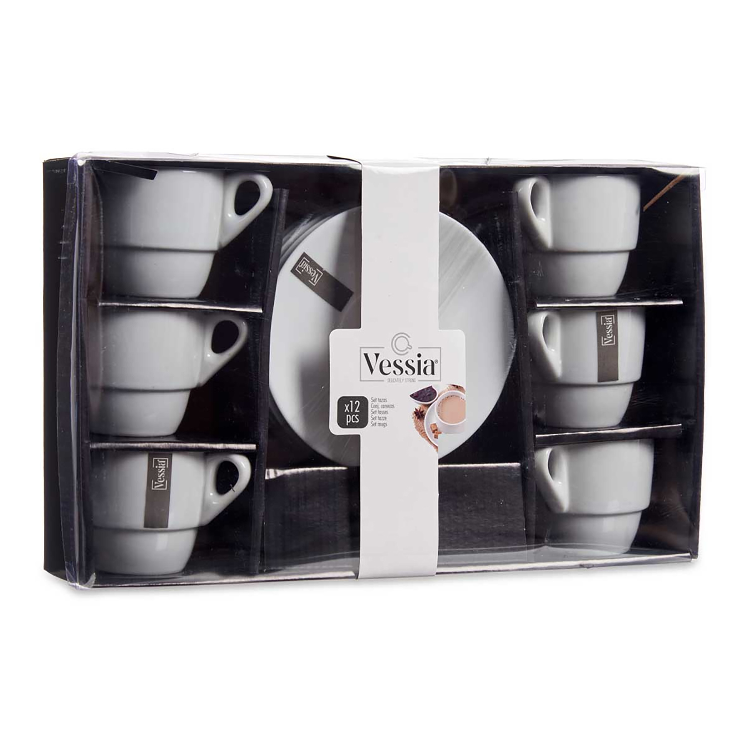 Dam.set 6 Tazas Cafe Porcelana Blanca con Plato 200ml 36x22x8cm