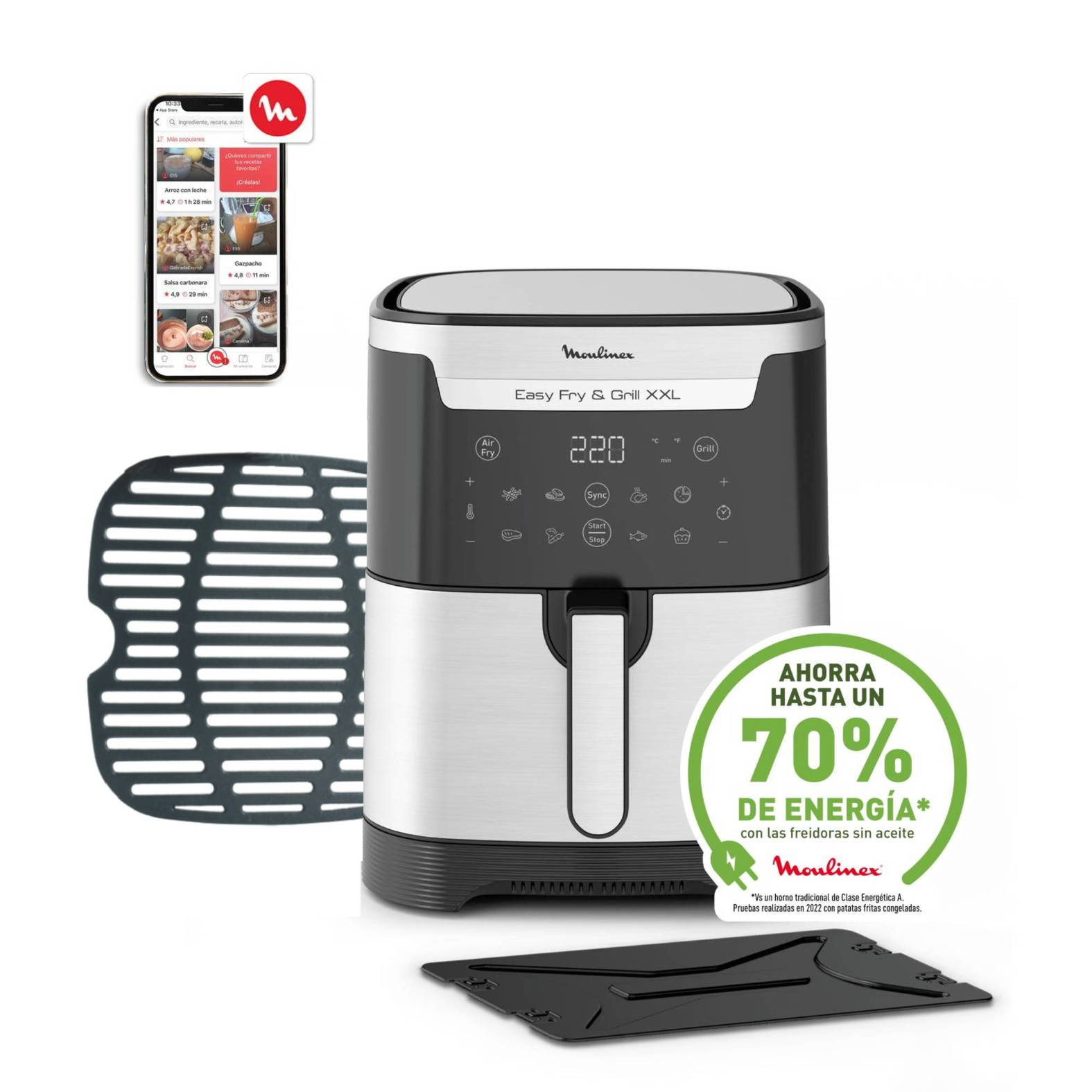 Moulinex Freidora De Aire También Grill 2 En 1, Easy Fry Grill, 6,5 L, 1830 W, 8 Programas Automáticos, 70% Ahorro Energético, Parrilla Antiadherente,