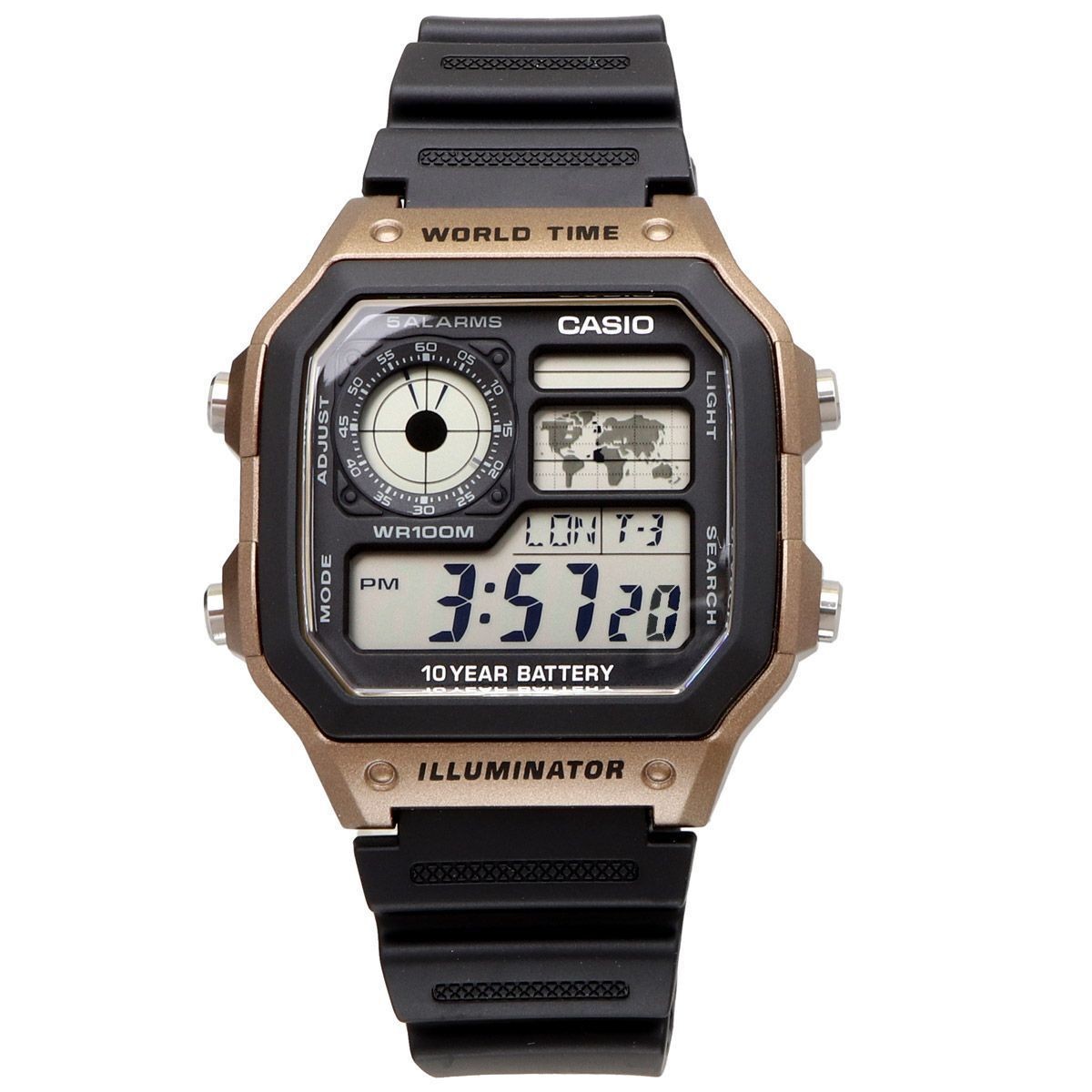 Casio AE-1200WH-5AV 42.1mm 100m WR 10 años batería Hora Mundial Hora Dual 5 Alarmas