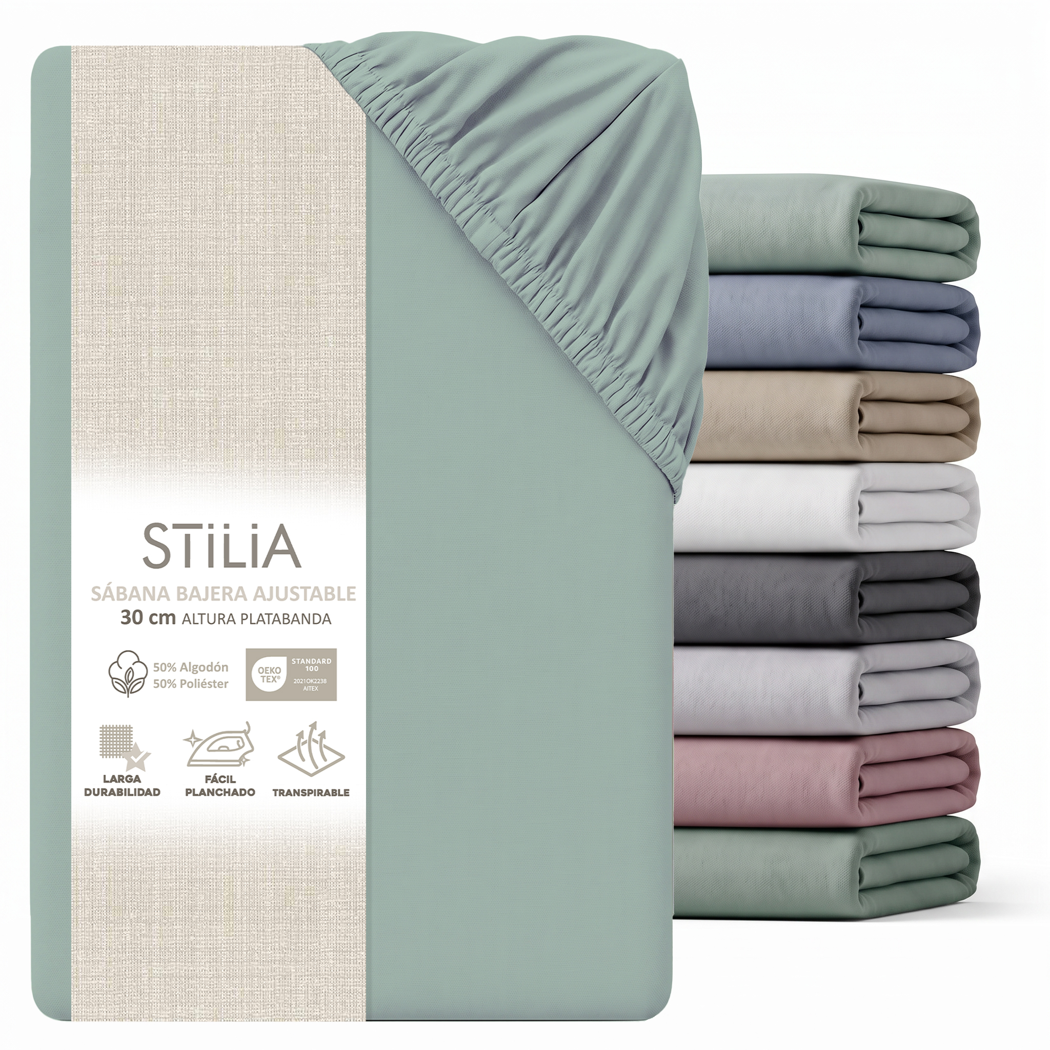 Sábana bajera ajustable de colores 50% algodón y 50% poliéster | Tejido de 144 Hilos - STILIA