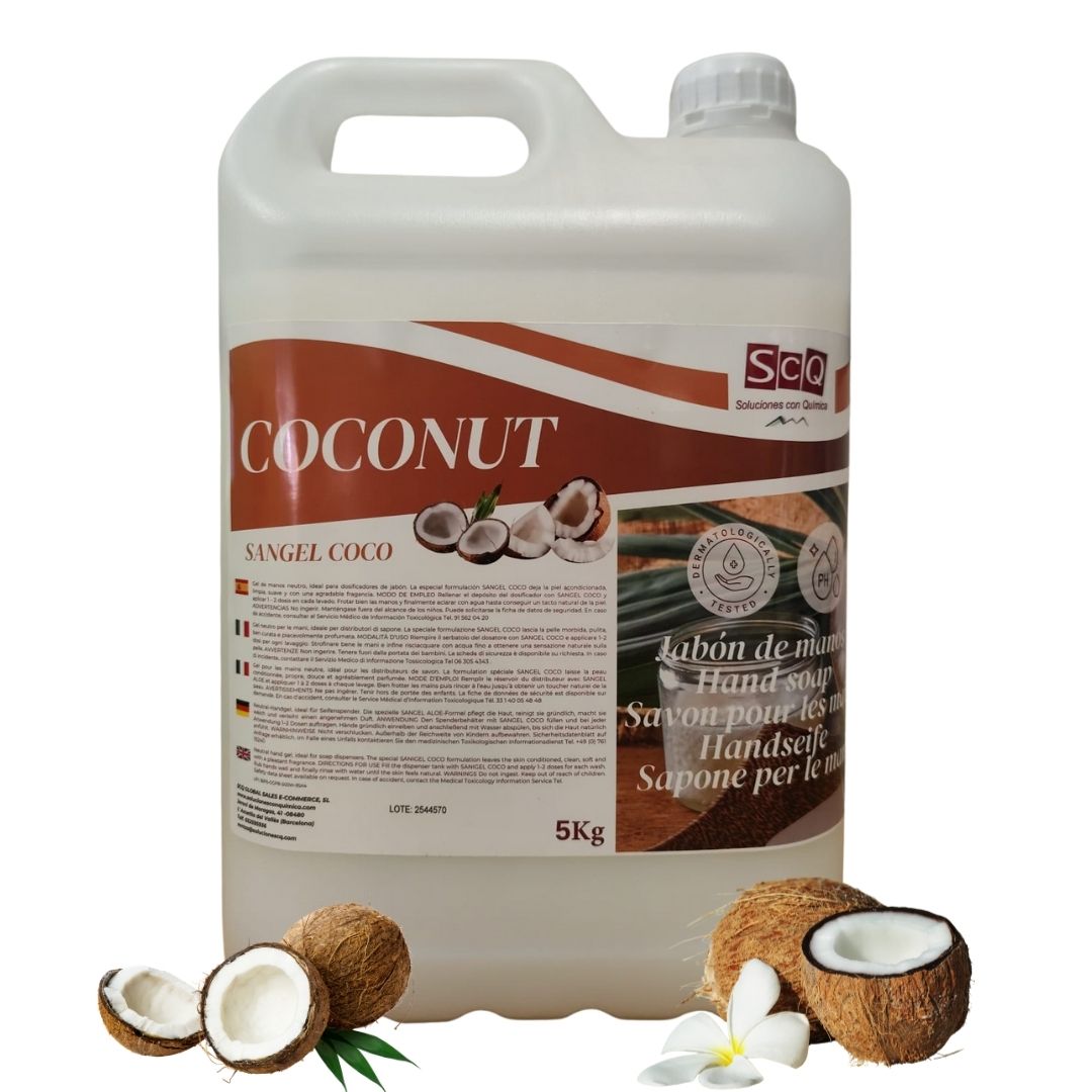 Jabón de Manos Líquido 5L | Jabón Líquido para todo tipo de piel Ph neutro | Aroma a coco | Gel para uso diaria limpia y cuida la piel | Con buena espuma.