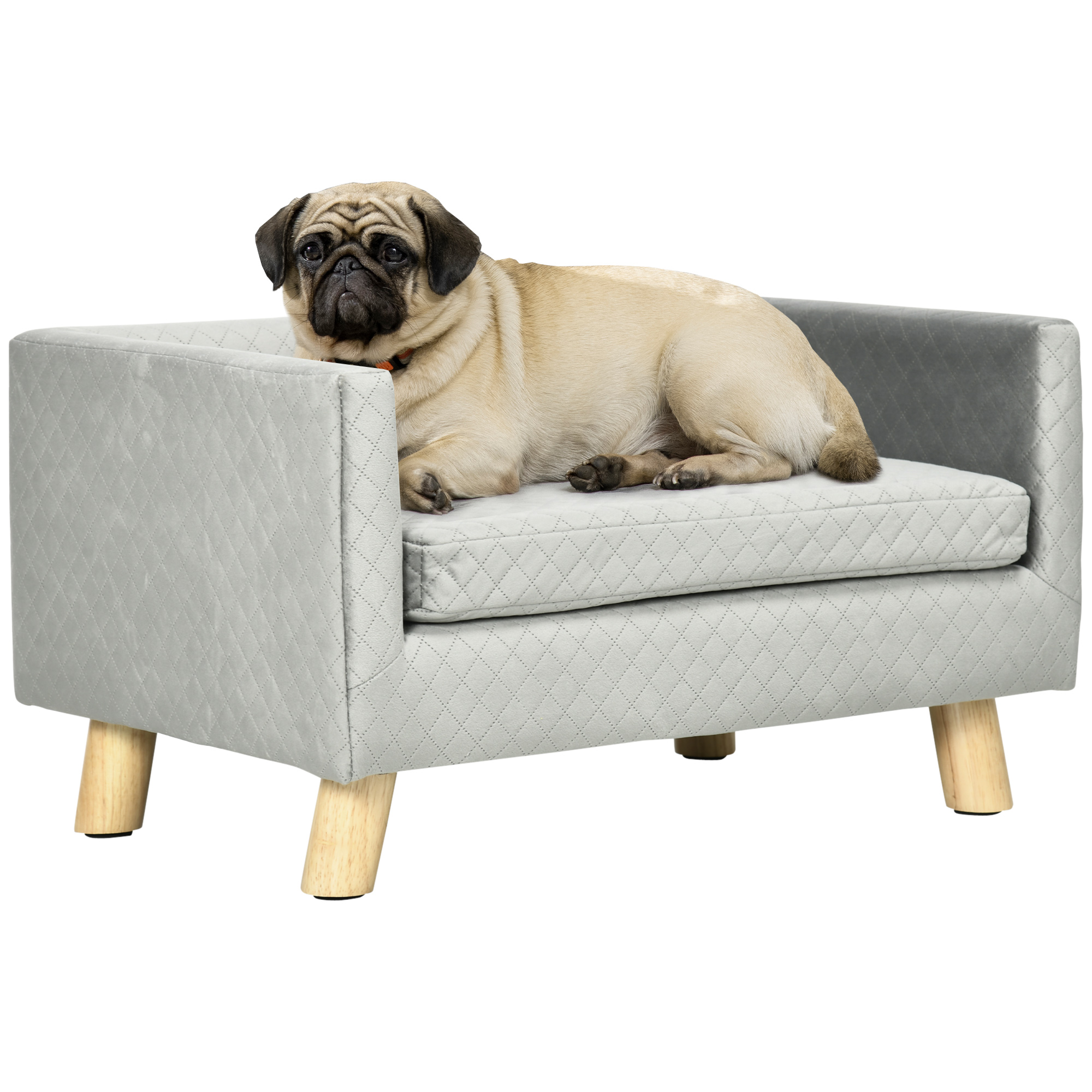 PawHut Sofá para Perros con Patas de Madera Cama para Perros Sofá para Mascotas Alfombra para Perros pequeños de hasta 8 kg Velvet Touch Gris 64 x 45 x 36 cm