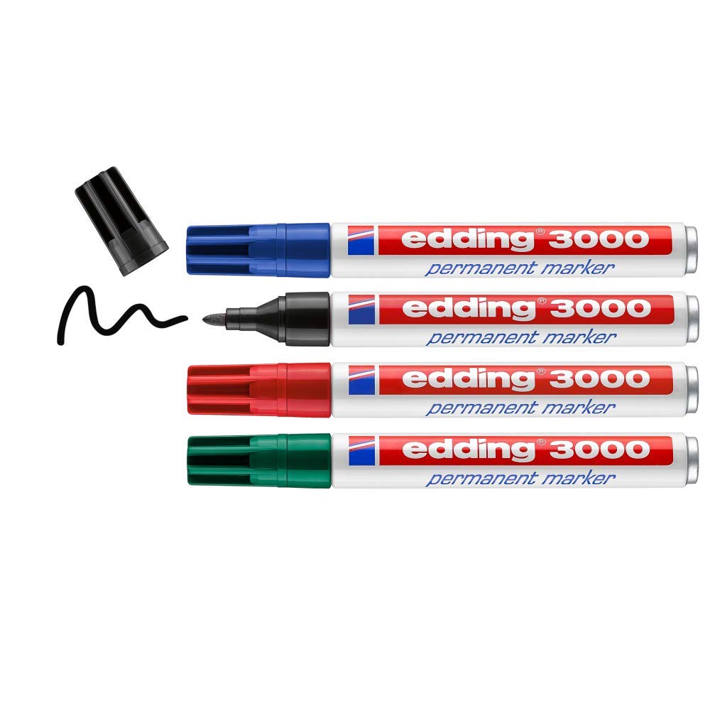 edding 3000 marcador permanente - negro, rojo, azul, verde - 4 rotuladores - punta redonda - indeleble de secado rápido - resistente al agua y a los borrones - cartón plástico madera metal - universal