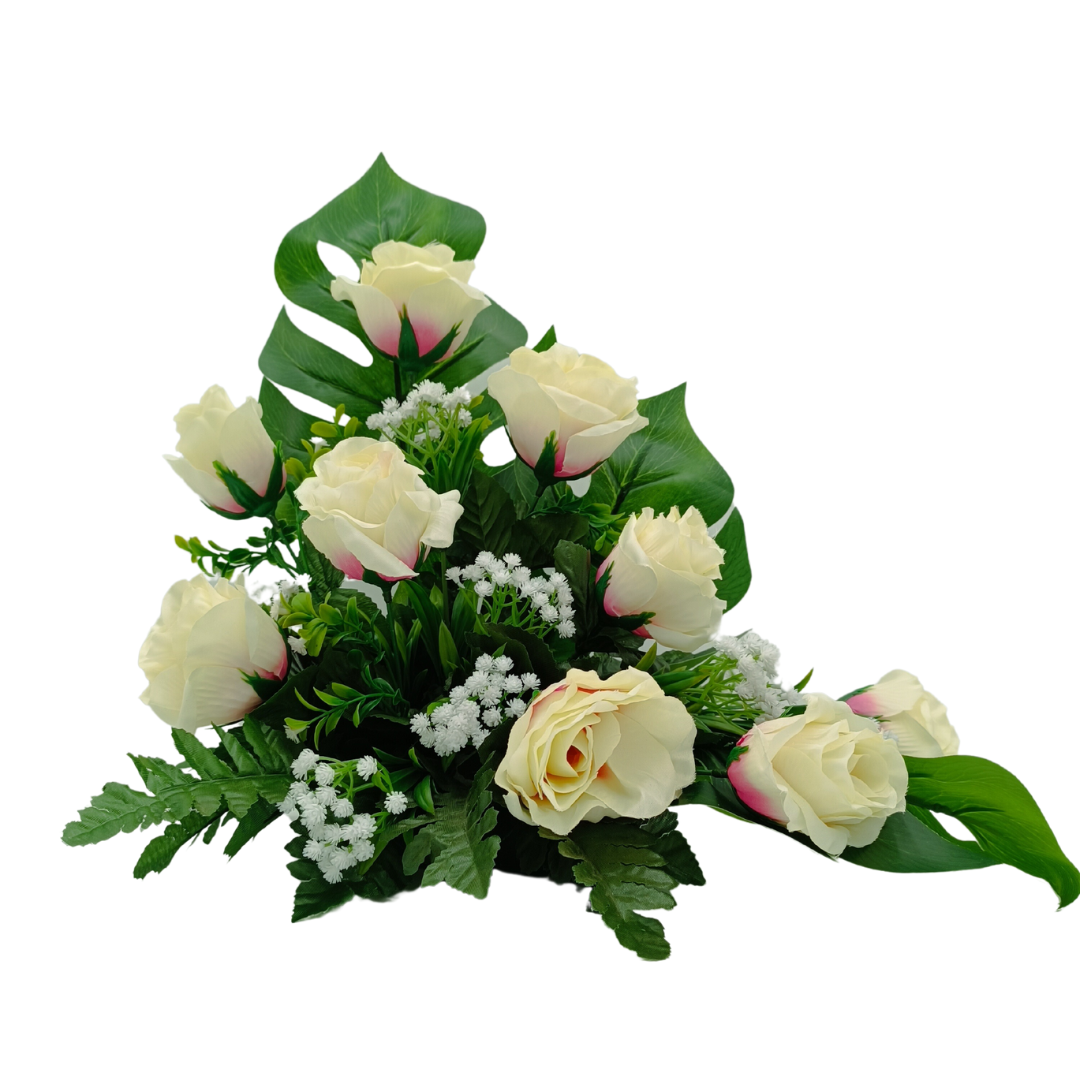 Centro de Flores para Cementerio Ideal para Nicho o Panteón - 8 Rosas Blancas - Medidas 40*50