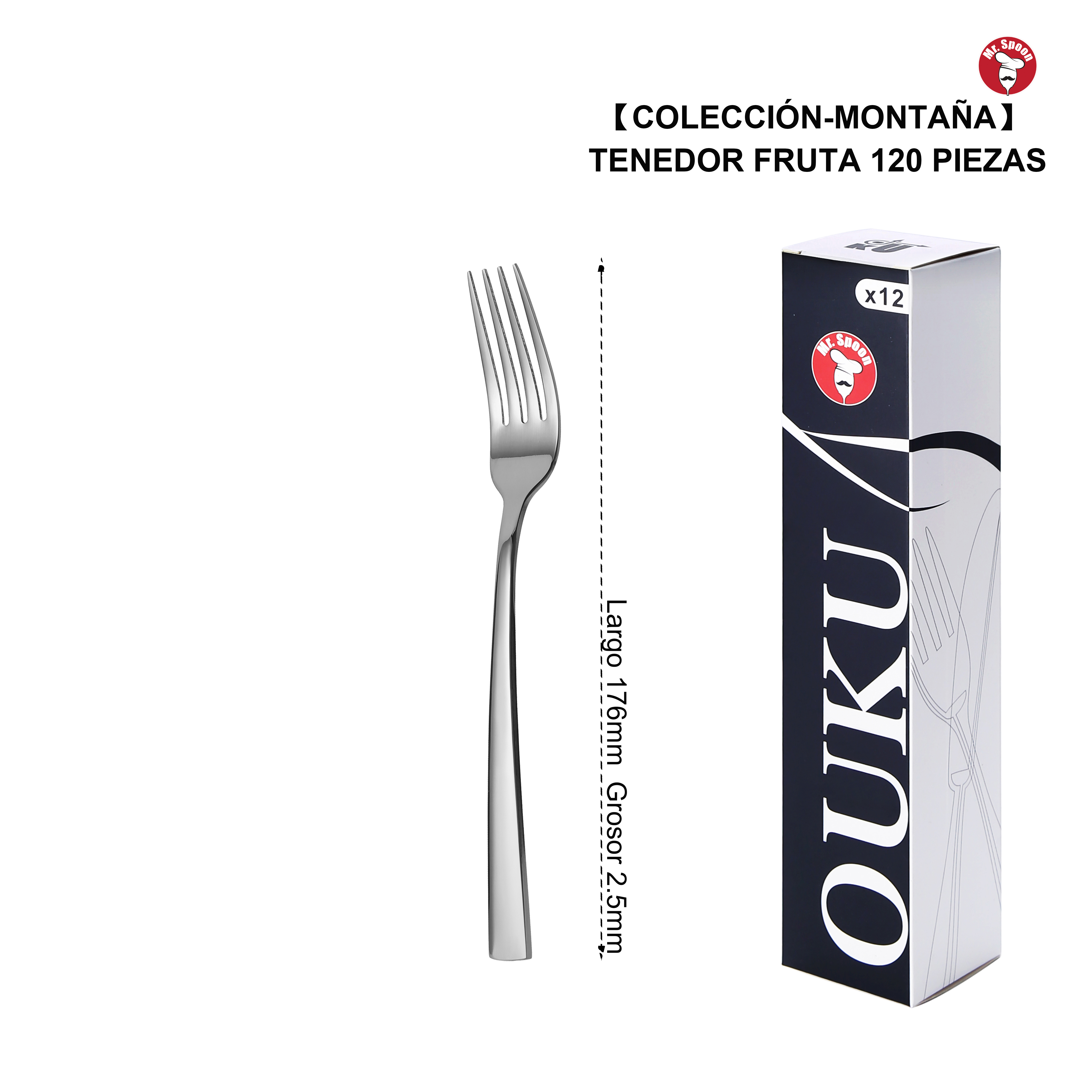 Mr.Spoon Serie Montaña Tenedores 12, 48 o 120 piezas,Acero inoxidable 18/0,Económico y funcional,Tenedor mesa largo 206mm,tenedor fruta 176mm,tenedor postre 137mm,Mango monobloque,Apto para lavavajillas,Empaque ecológico,Para casa,hotel,restaurante