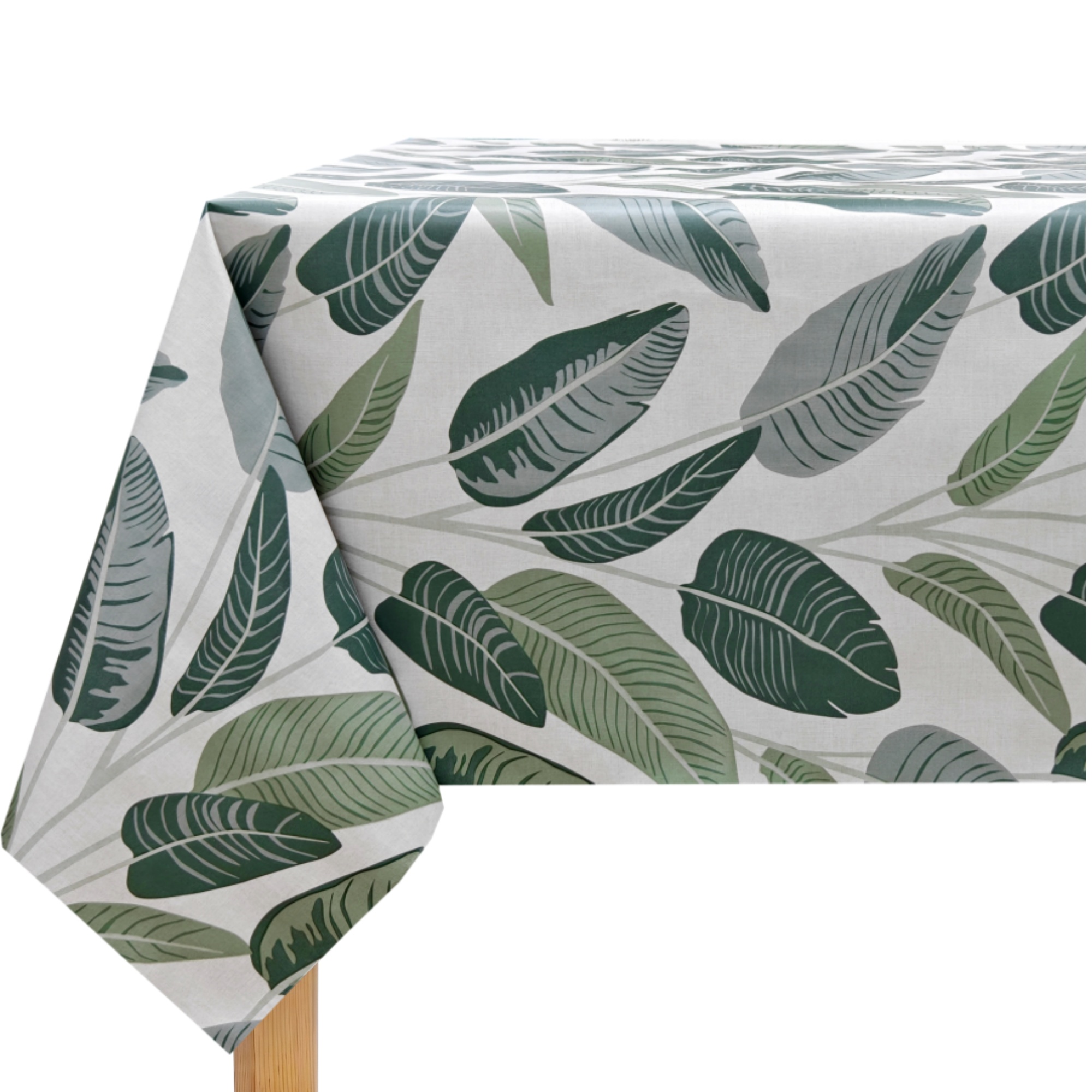 Mantel de PVC Antimanchas e Impermeable, Diseño de Hojas Tropicales Verdes sobre Fondo Blanco, para Cocina y Comedor