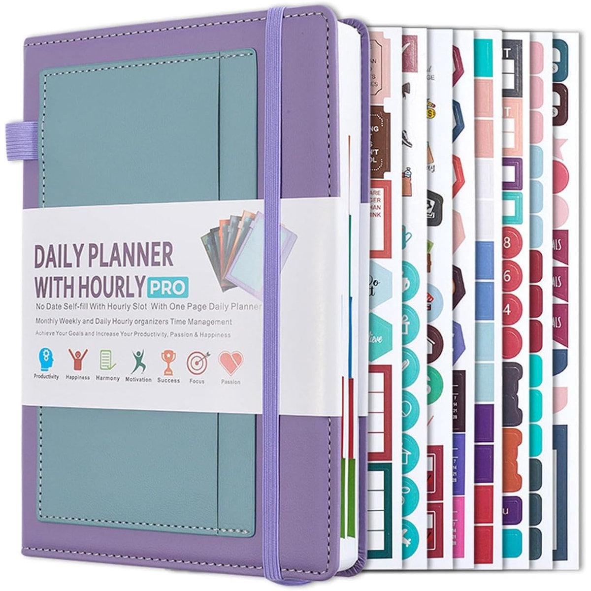 Agenda/planificador, planificador diario/semanal/mensual, incluye 8 hojas de pegatinas creativas, 400 páginas, cuaderno sin fecha, diario, encuadernación universal para uso en la oficina y en el hogar (morado).