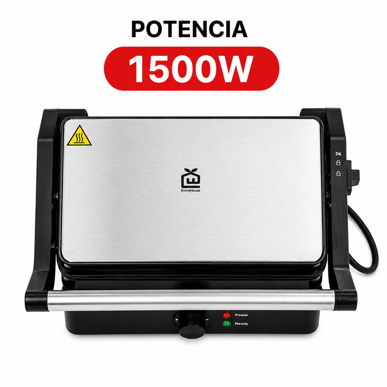 ExtraHouse - Parrilla Eléctrica Multifunción 2400W Plancha de Asar Eléctrica con Apertura 180° Grill Eléctrico Antiadherente con Temperatura Ajustable para Carne Panini Hogar