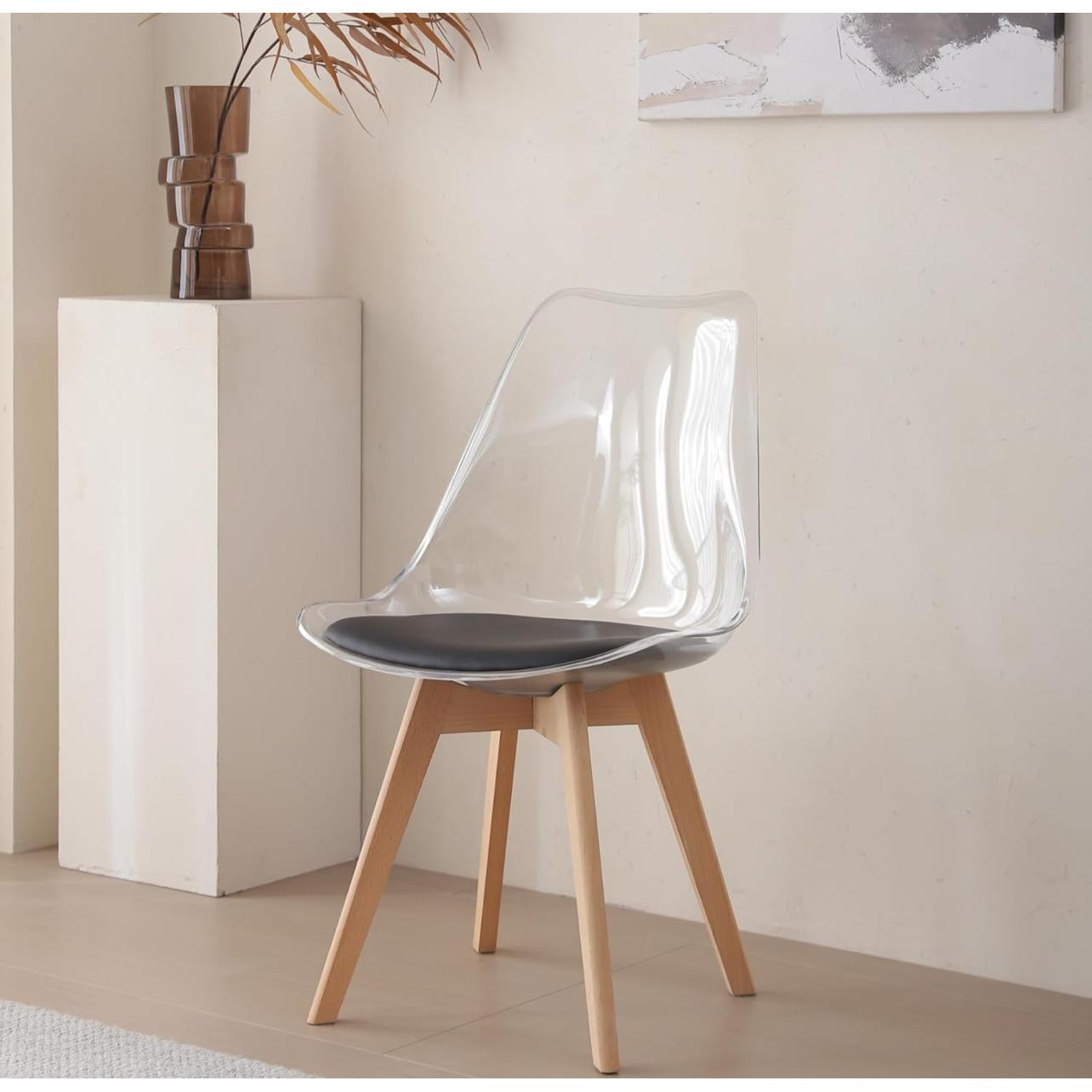 ORION91® - Silla de comedor Draco transparente con negro piel sintética cojín, diseño ergonómico, patas de madera de haya, 40 x 84 x 40 cm, ideal para comedor - spaziOrion91
