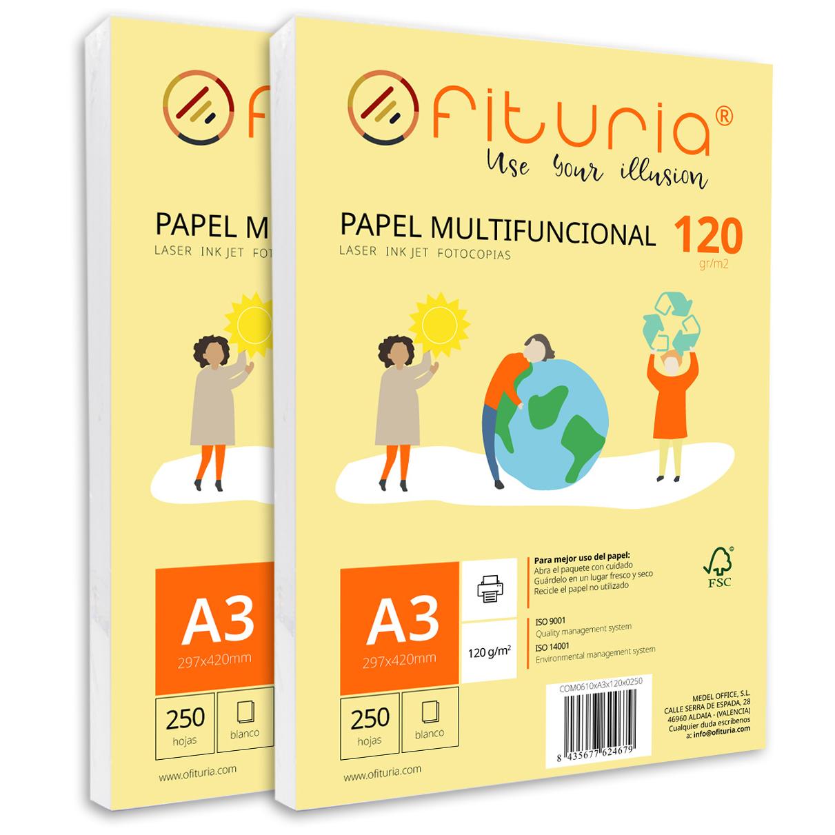 Paquete de folios A3 de 120gr con 500 Hojas Blancas, Papel Multifuncional para Uso Escolar y Entornos Laborales. Ideal con impresoras láser, de inyección o fotocopiadoras - Ofituria