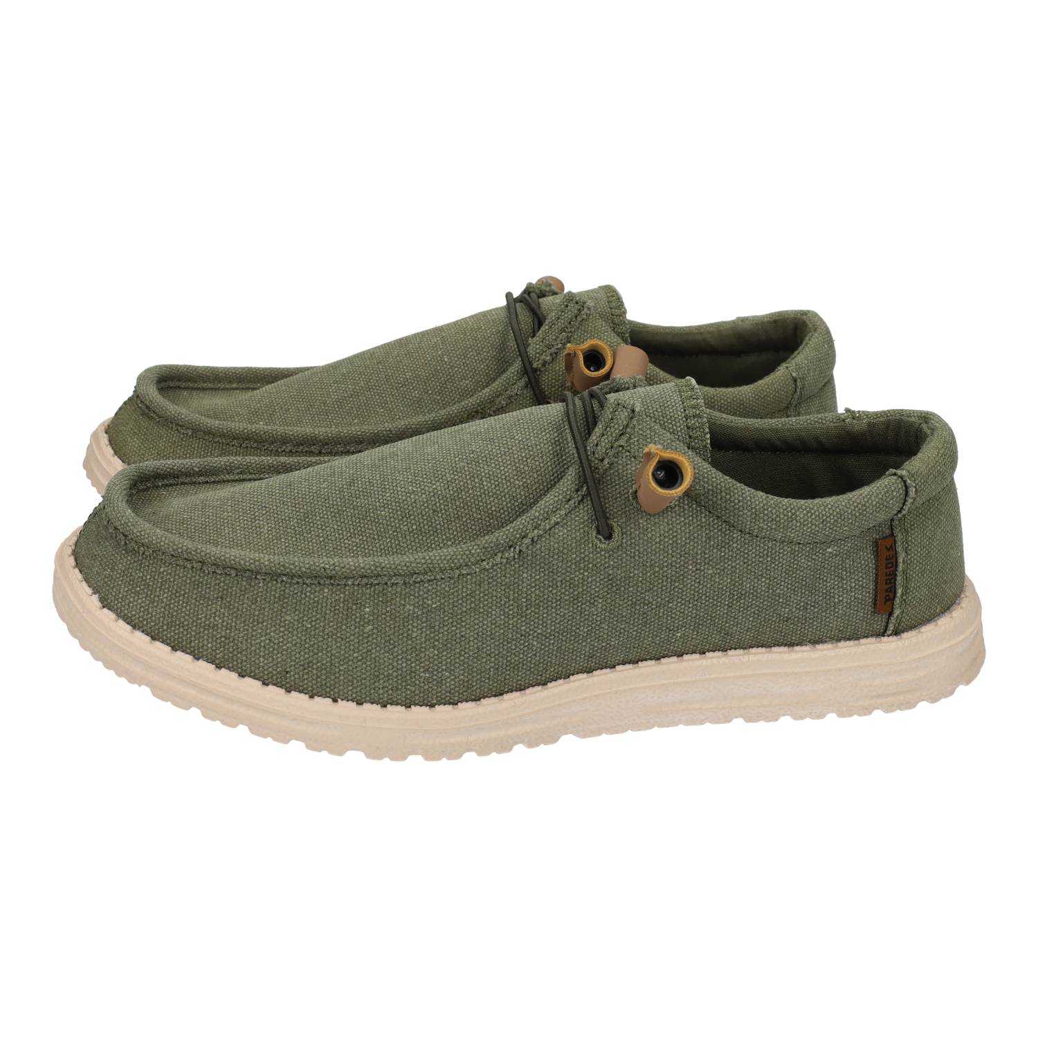 Zapatos Mocasín marca PAREDES para hombre en color kaki. Mocasines Paredes para hombre, diseño casual en lona, ligeros y cómodos con suela flexible