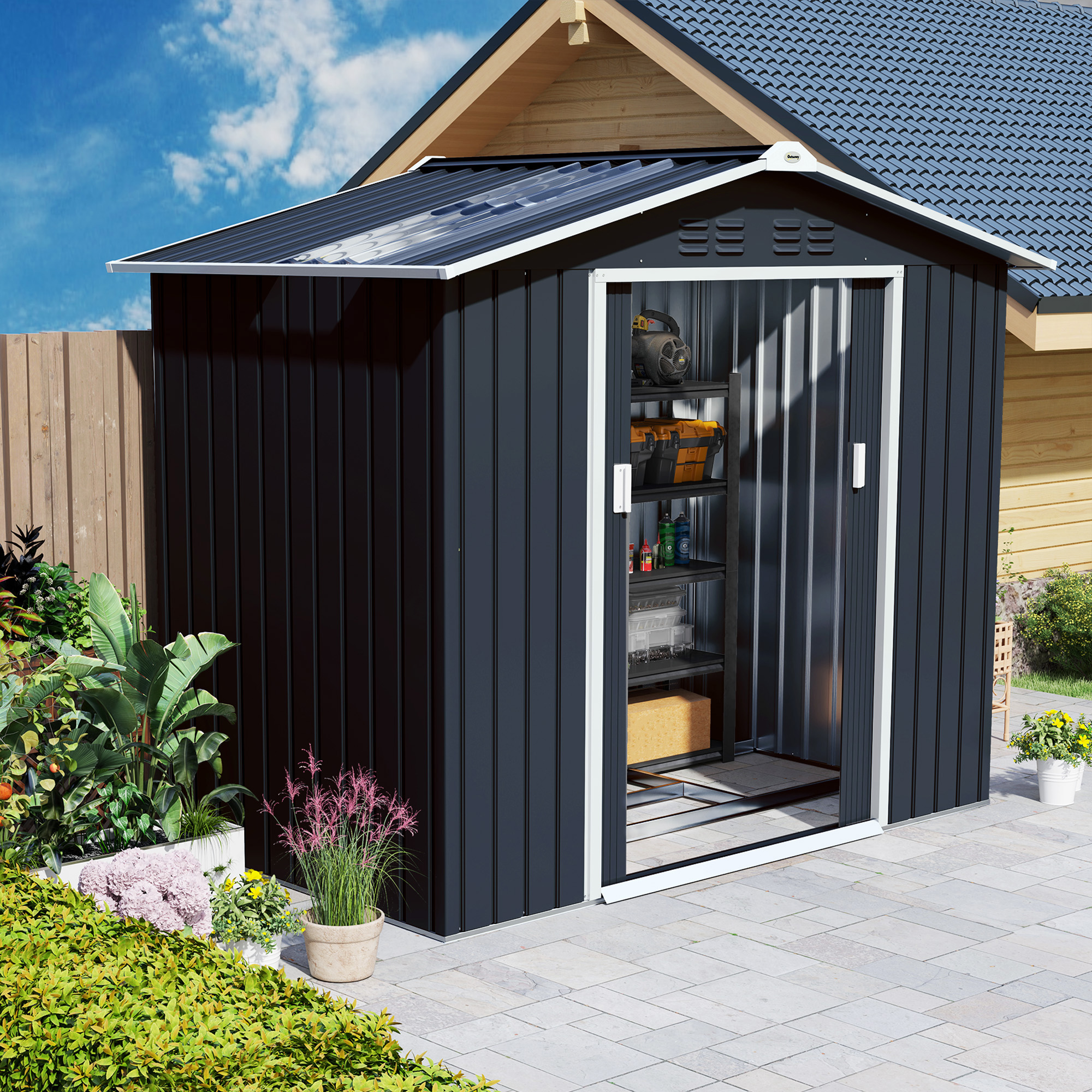 Outsunny Caseta de Jardín Exterior, 2,5 m² 213x130x185 cm, Cobertizo de Jardín Exterior Metálico con 2 Puertas Correderas, Claraboya, Base Refuerzo (Suelo NO Incluido) y 4 Ventanas, Gris Plata