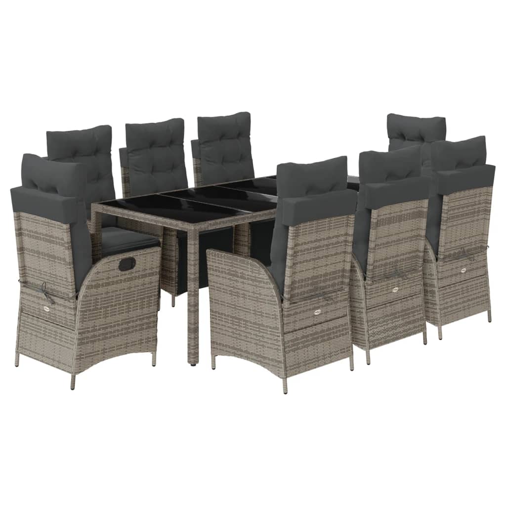 vidaXL Set comedor jardín 9 pzas y cojines ratán sintético gris